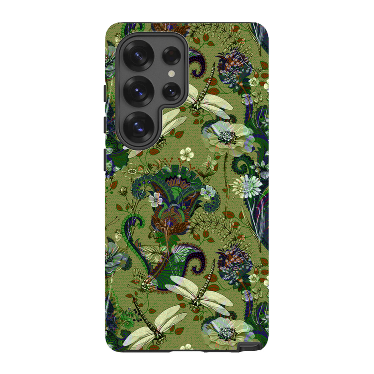 Samsung Galaxy tough case featuring a green Vyne floral and dragonfly pattern with a dual-layer protective design.