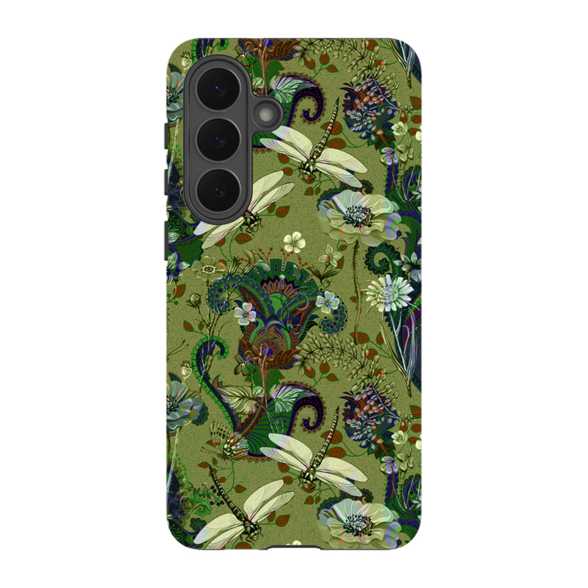 Samsung Tough Case with green Vyne pattern featuring dragonflies and floral paisley art for Galaxy phones.
