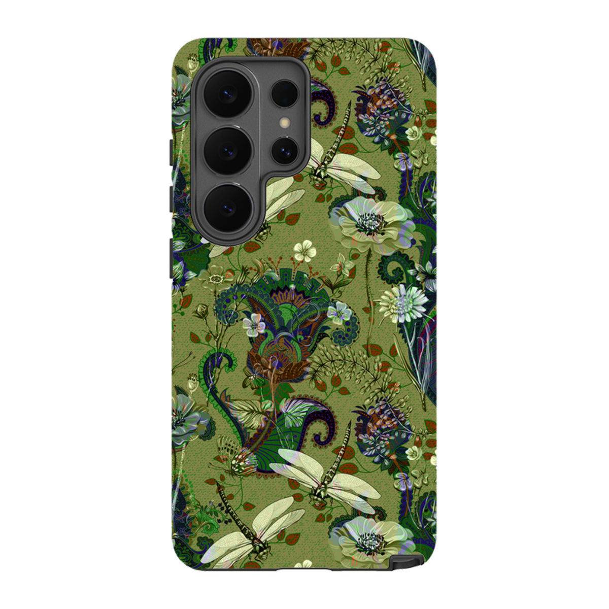 Samsung Tough Case featuring a green Vyne floral and dragonfly pattern with a dual-layer design and camera cut-outs.