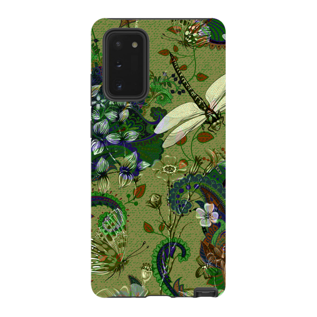 Samsung Tough Case featuring a green botanical print with dragonflies, butterflies, and paisley patterns.