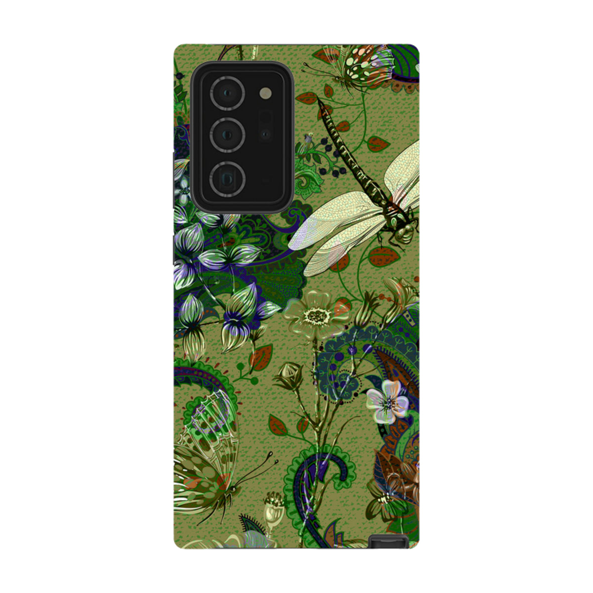 Samsung Galaxy tough case featuring a vibrant green dragonfly and butterfly botanical print with a durable dual-layer design.
