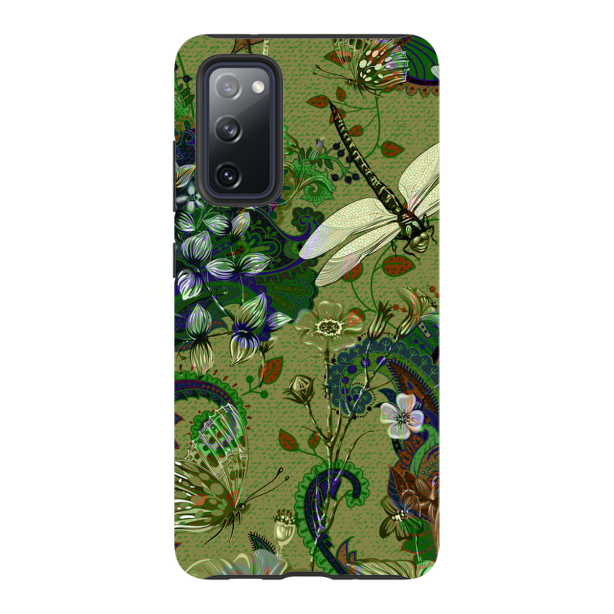 Samsung Tough Case in Vyne design featuring a green botanical pattern with dragonflies, butterflies, and paisley motifs.