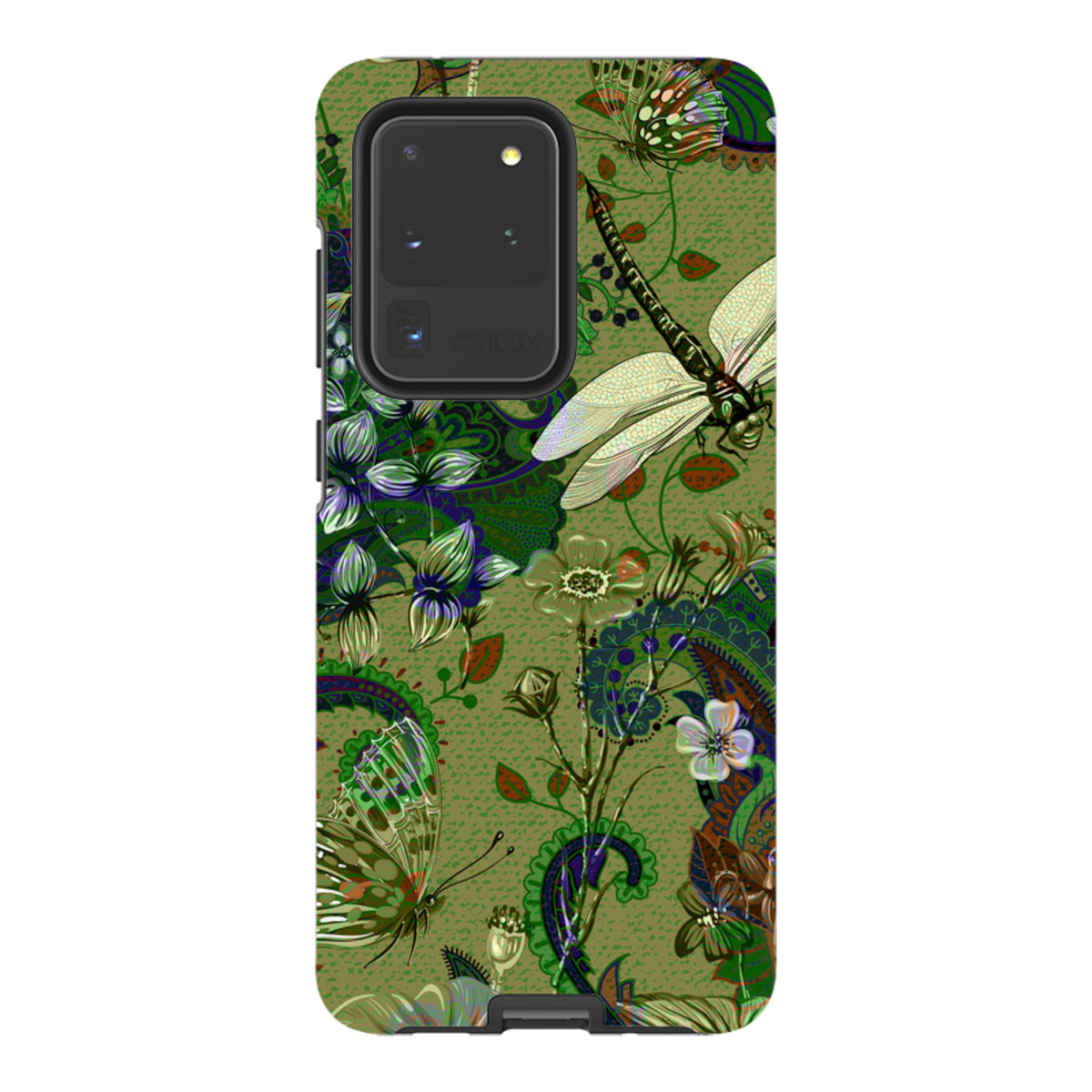 Samsung Tough Case in Vyne design featuring a green botanical pattern with dragonflies, butterflies, and paisley motifs.