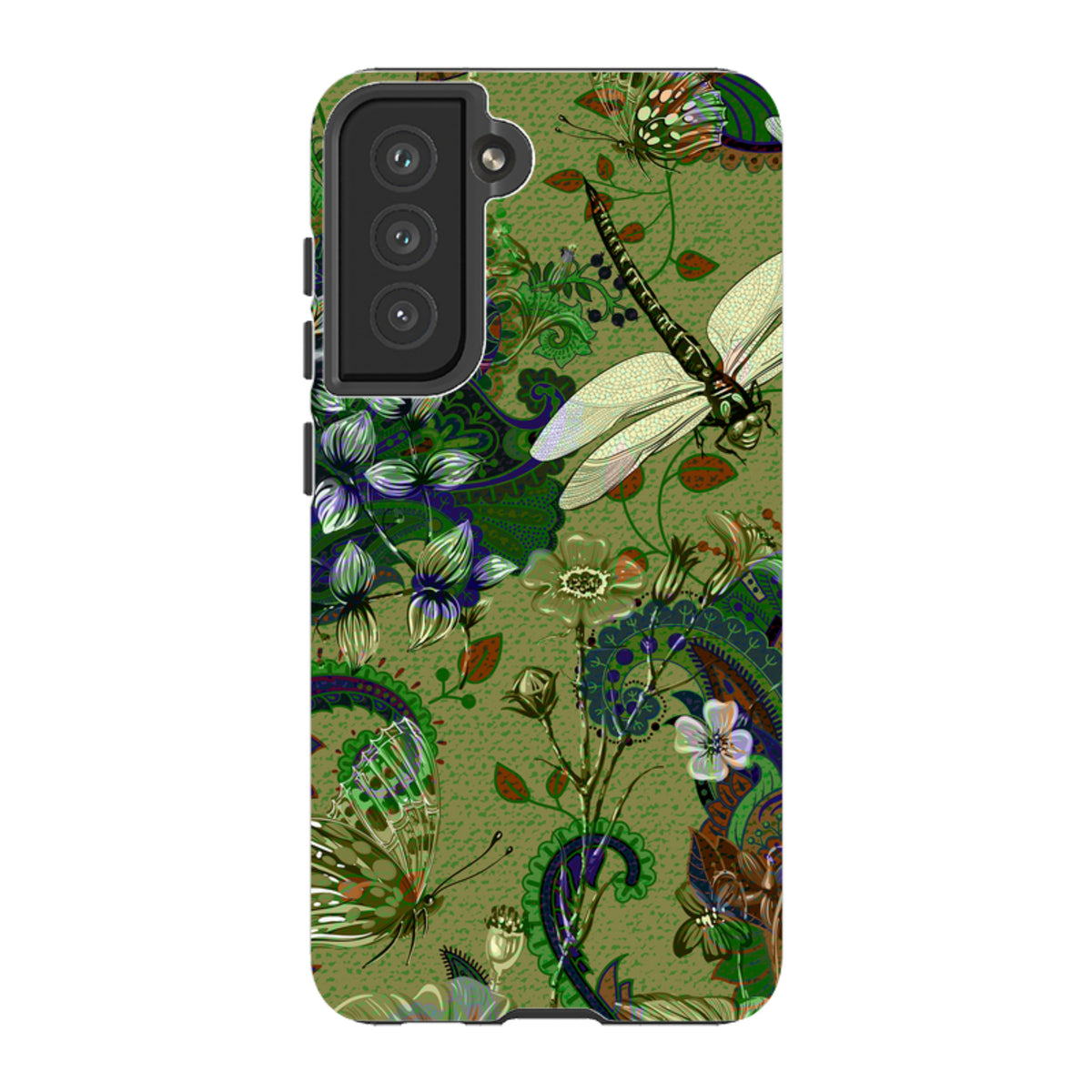 Samsung Tough Case with green botanical print, featuring dragonflies, butterflies, and paisley patterns.