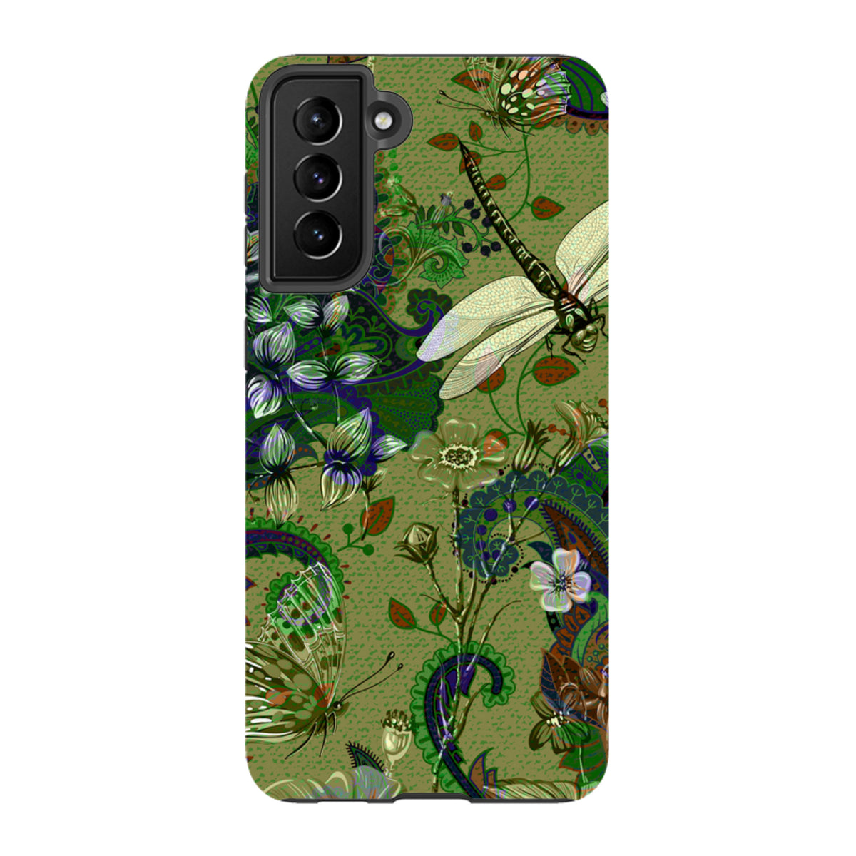 Samsung Tough Case featuring a green botanical print with dragonflies, butterflies, and paisley patterns.