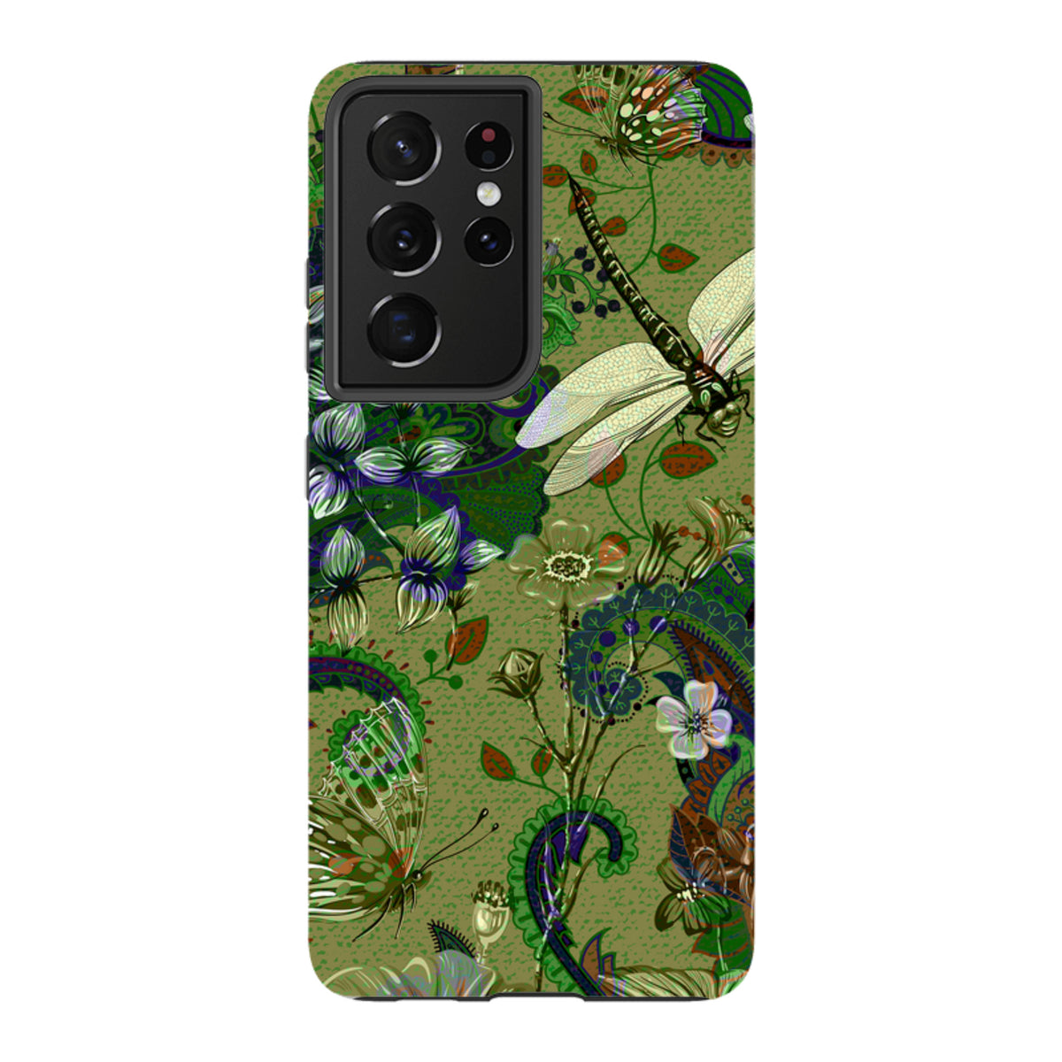 Samsung Tough Case in Vyne design featuring a green botanical print with dragonflies, butterflies, and paisley patterns.
