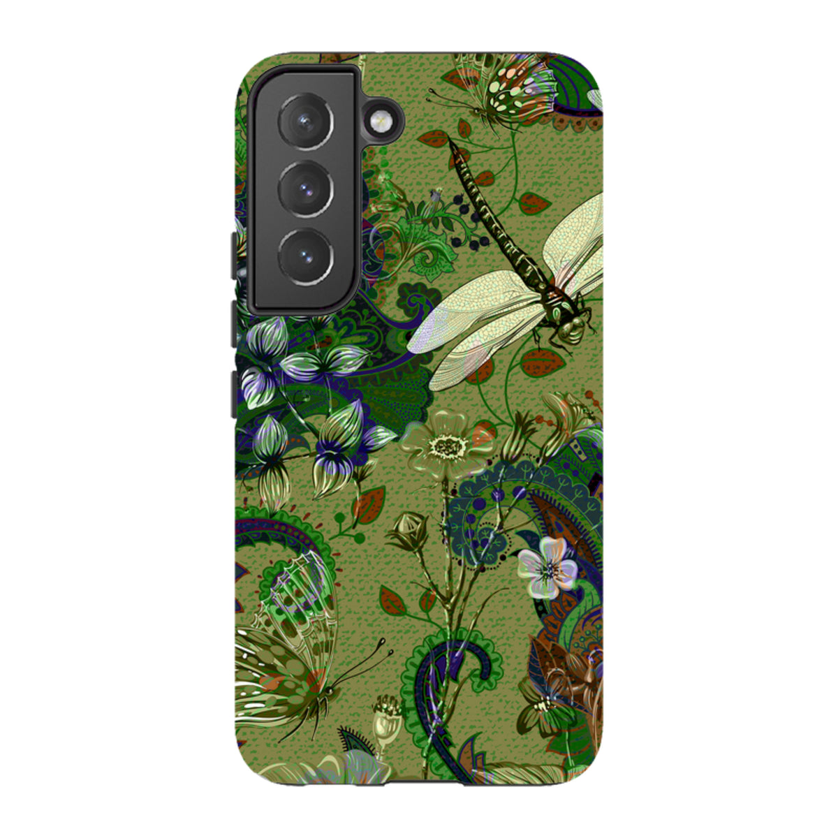 Samsung Tough Case featuring a vibrant green botanical print with dragonflies, butterflies, and paisley patterns.