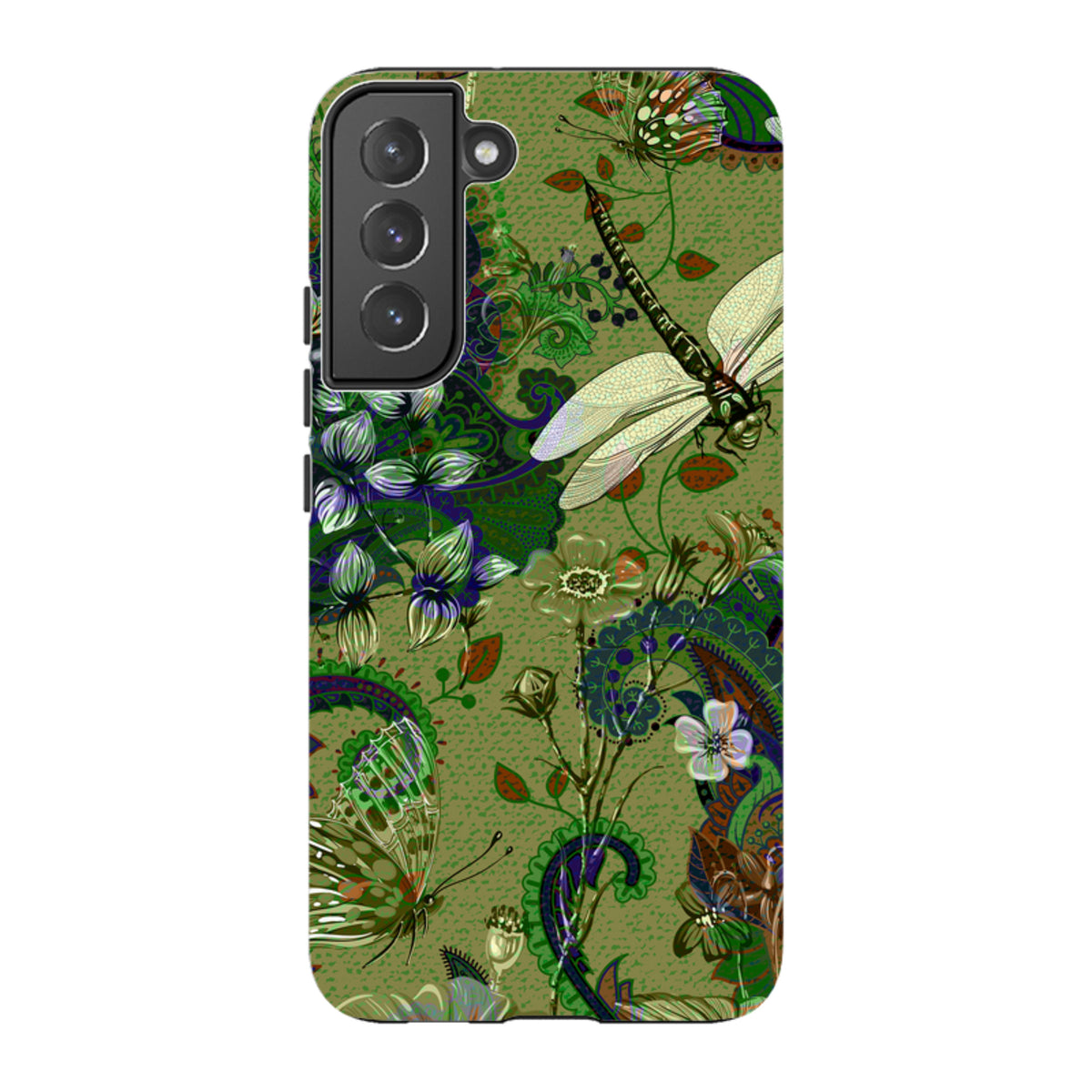 Samsung Tough Case featuring a green botanical print with dragonflies, butterflies, and paisley patterns.