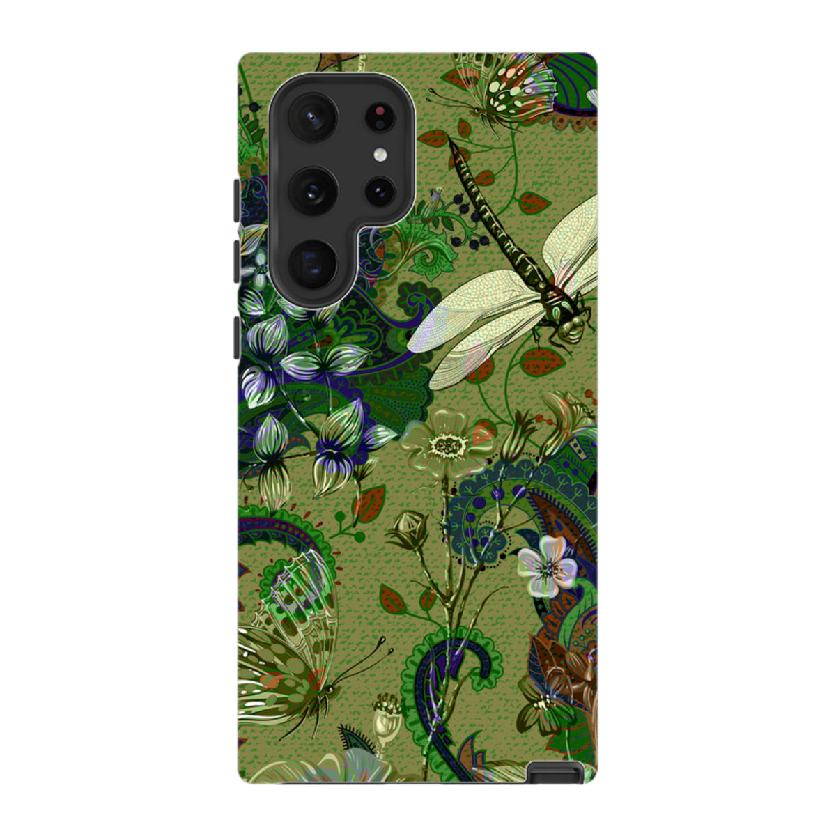 Samsung Tough Case featuring a green botanical print with dragonflies, butterflies, and paisley patterns.