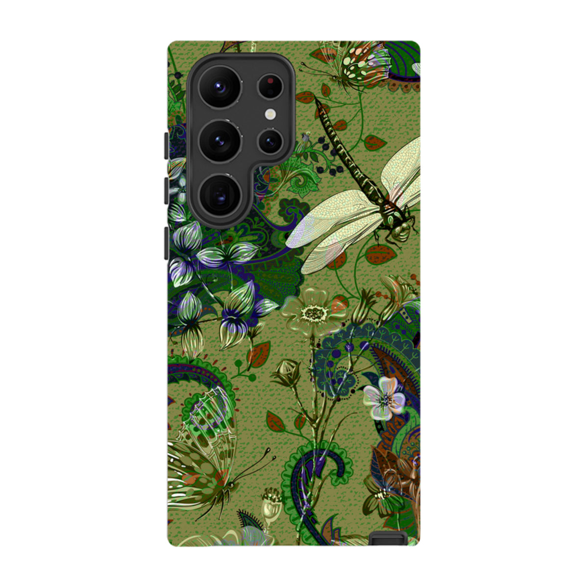 Samsung Tough Case in Vyne design featuring a green botanical print with dragonflies and butterflies for Galaxy phones.