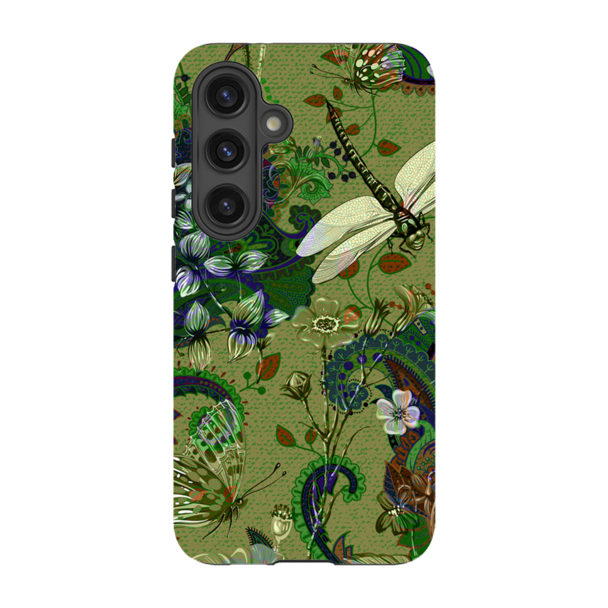 Samsung Tough Case featuring a vibrant green botanical pattern with dragonflies, butterflies, and paisley motifs.