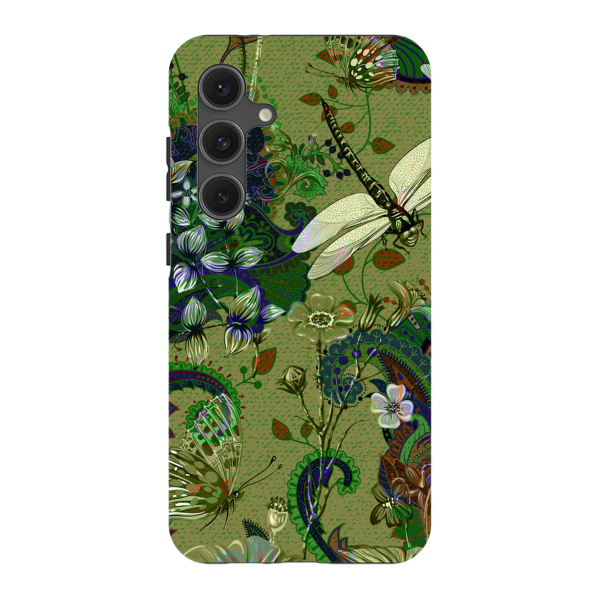 Samsung Tough Case in Vyne design featuring a green botanical print with dragonflies and butterflies.