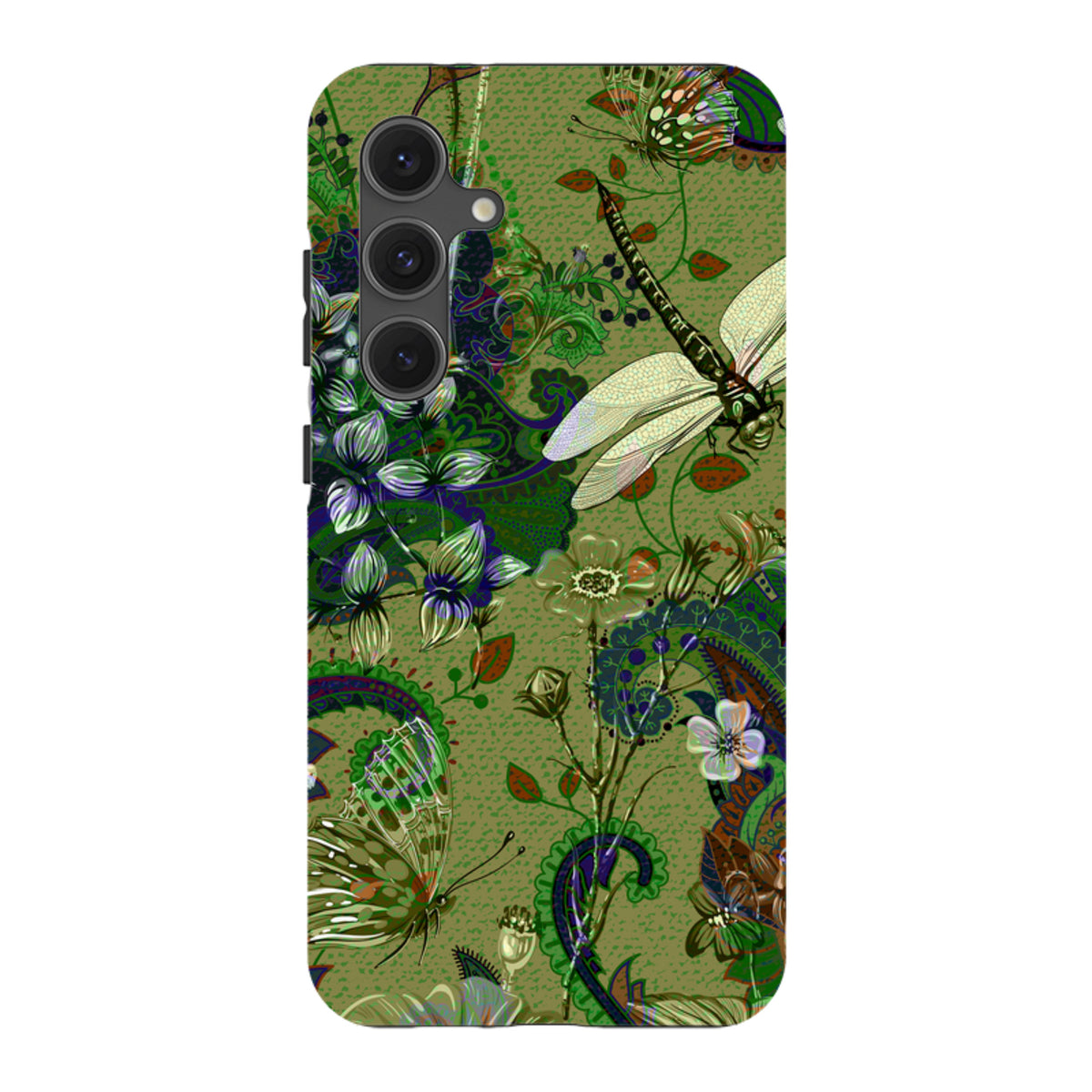 Samsung Tough Case featuring a green botanical print with dragonflies, butterflies, and paisley patterns.