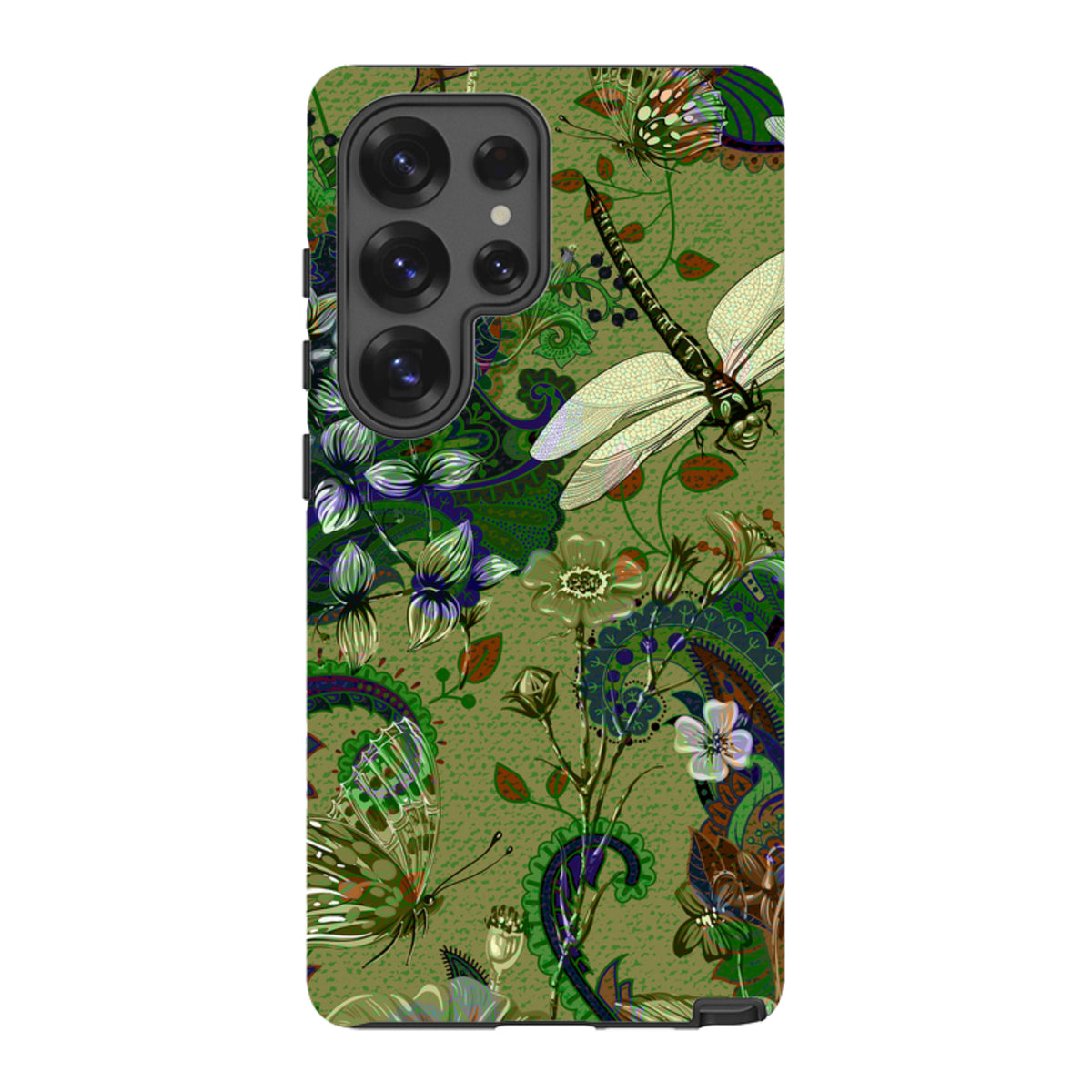 Samsung Tough Case in Vyne design featuring a green botanical print with dragonflies and butterflies for Galaxy phones.