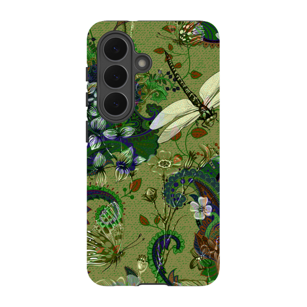 Samsung Tough Case featuring a green botanical print with dragonflies, butterflies, and paisley patterns.