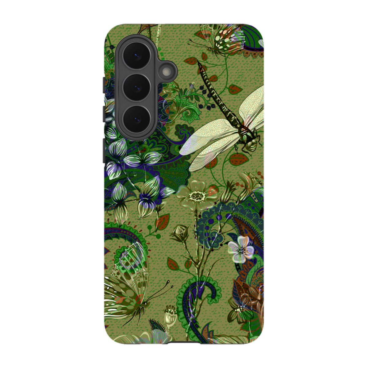 Samsung Tough Case in Vyne design featuring a green botanical pattern with dragonflies, butterflies, and paisley details.