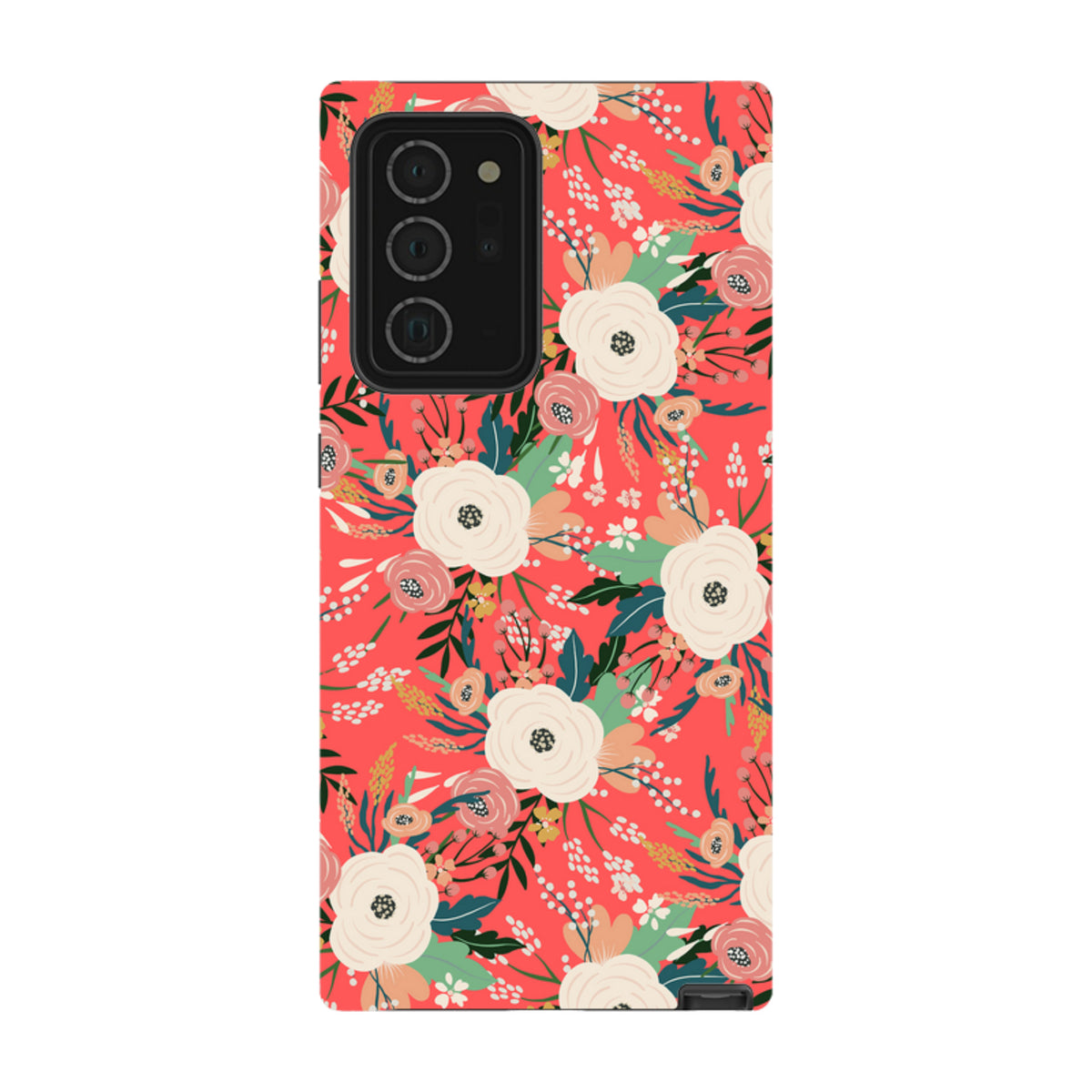 Samsung Tough Case in Watermouth floral print with cream, pink, and green flowers on a vibrant coral red background.