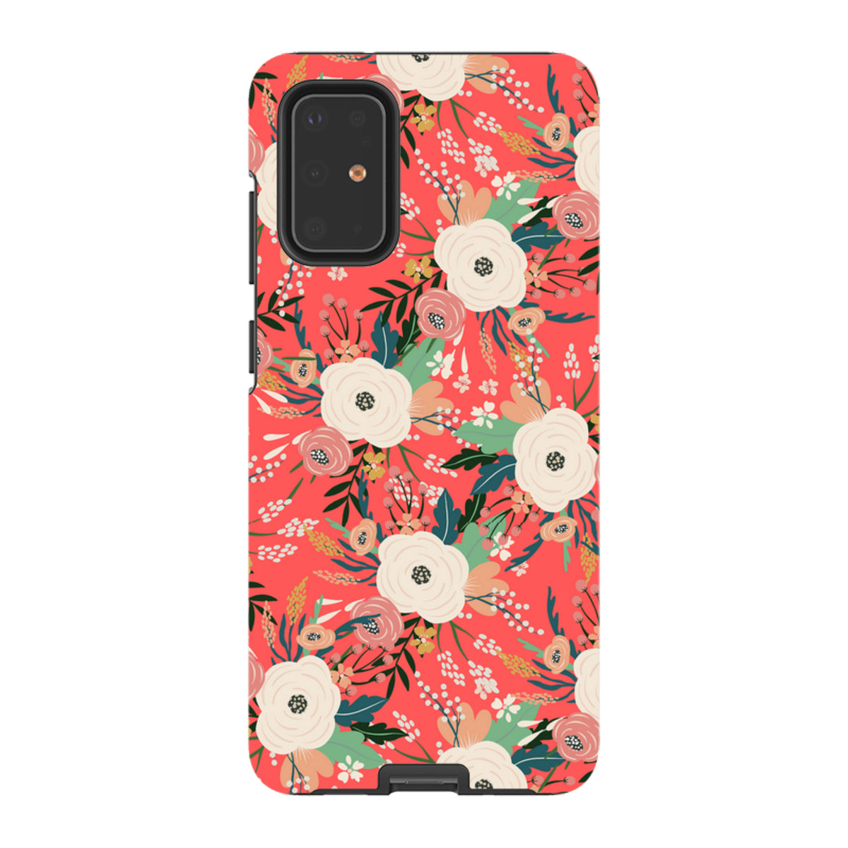 Samsung Tough Case with a vibrant coral background featuring a white and pink floral pattern and dual-layer protection.