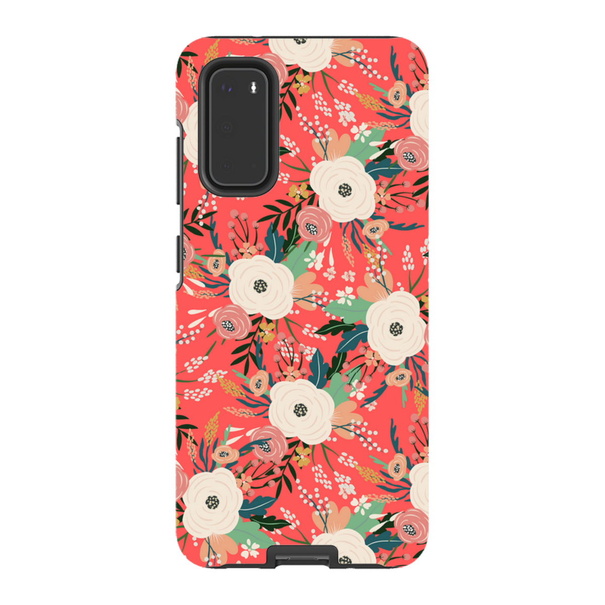 Samsung Tough Case with a vibrant coral floral pattern, dual-layer protection, and precise camera cutouts.