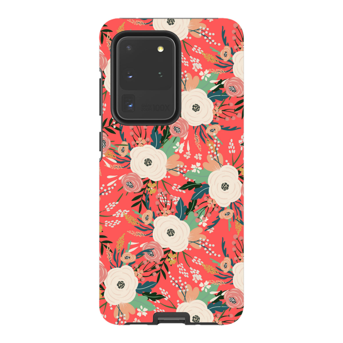 Samsung Tough Case with a vibrant red floral Watermouth pattern, featuring a dual-layer design and camera cut-outs.