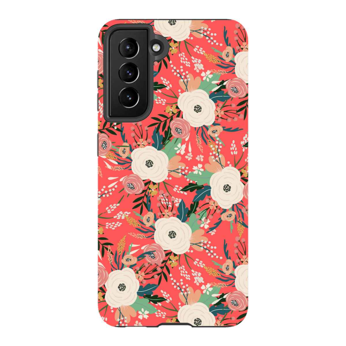 Samsung Tough Case in Watermouth floral print with cream and pink flowers on a vibrant coral background.