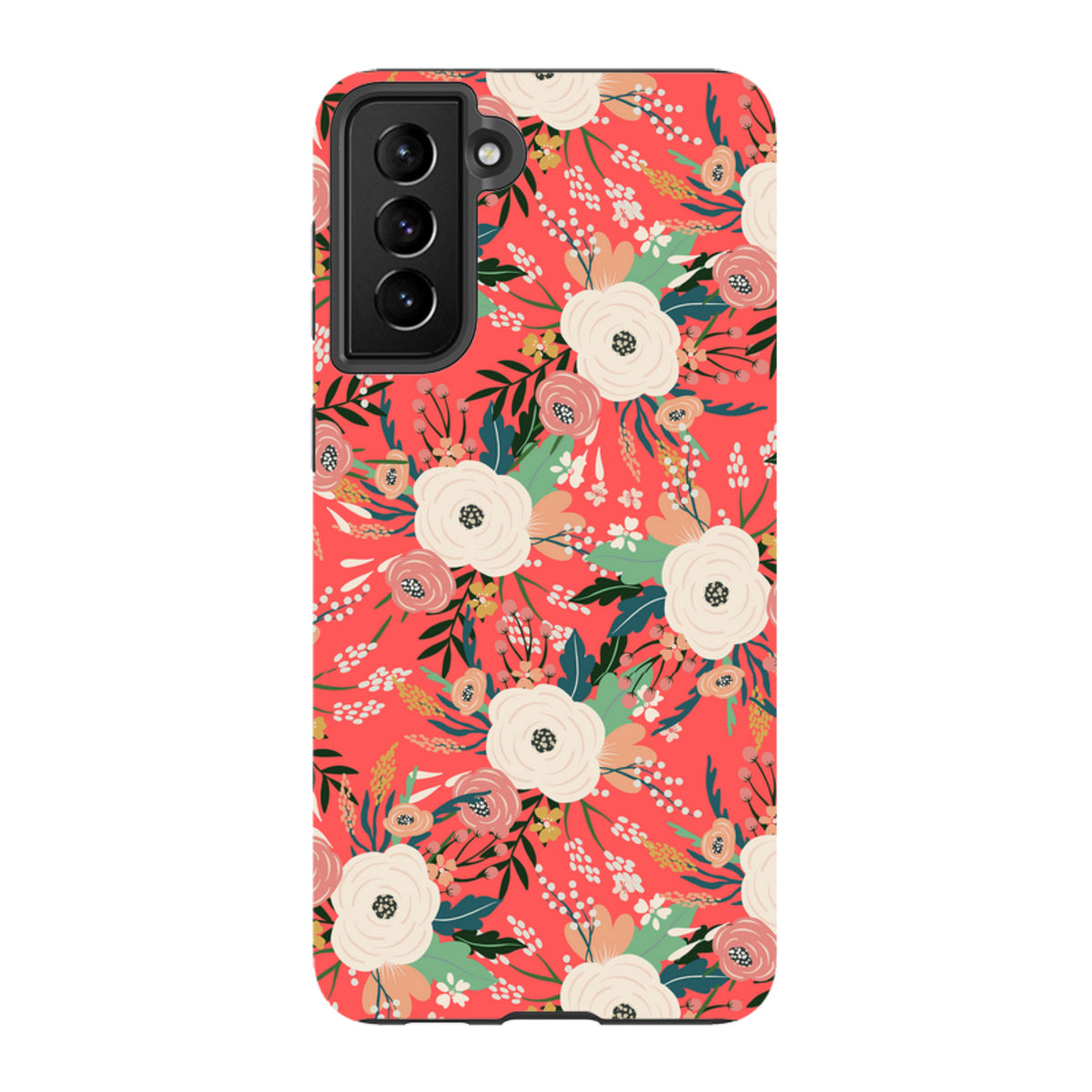 Samsung Tough Case with a vibrant coral background and white floral pattern, featuring a dual-layer protective design.
