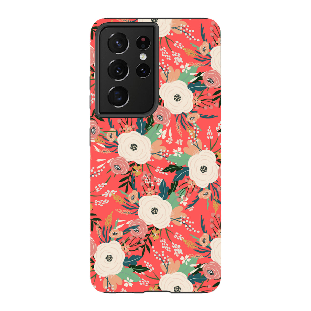 Samsung Tough Case featuring a vibrant Watermouth floral pattern with white and pink flowers on a bright coral background.