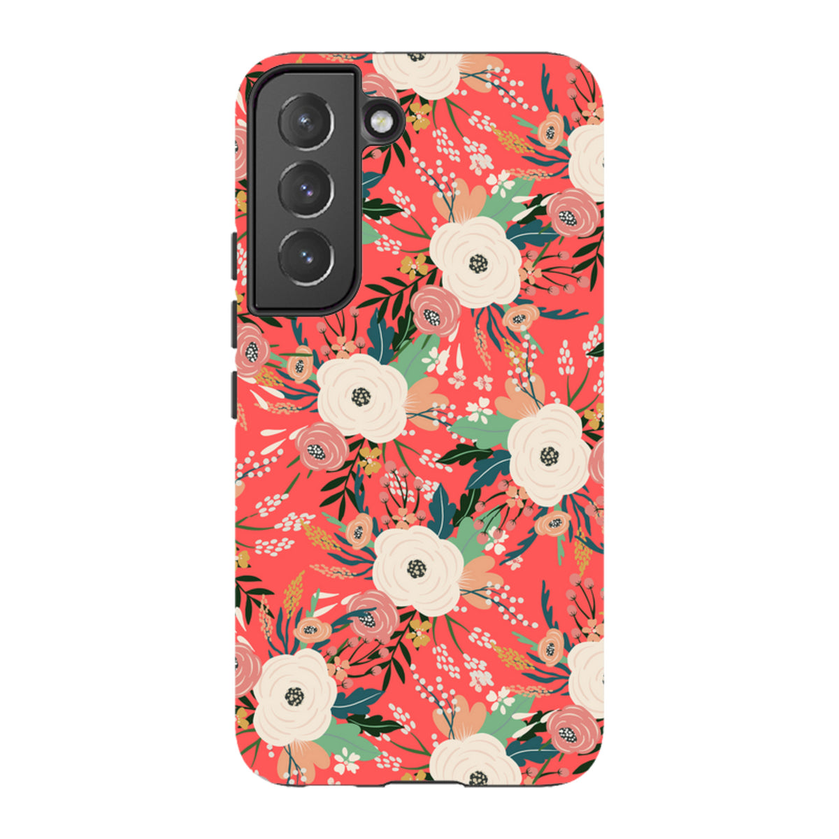 Samsung Tough Case featuring a vibrant coral background with a white and pink floral pattern and dual-layer protection.