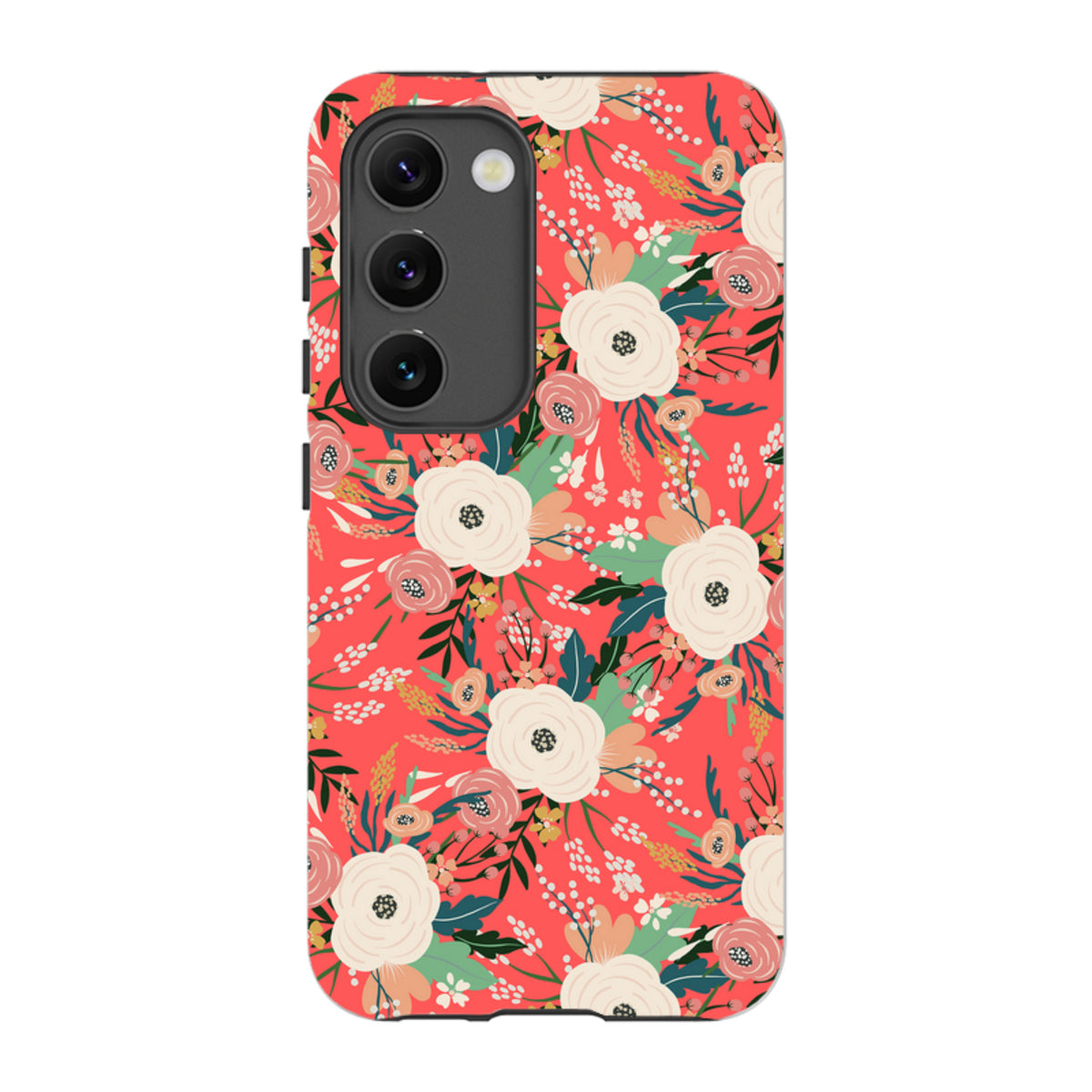 Samsung Galaxy tough case featuring a vibrant coral background with a detailed white and pink floral botanical pattern.