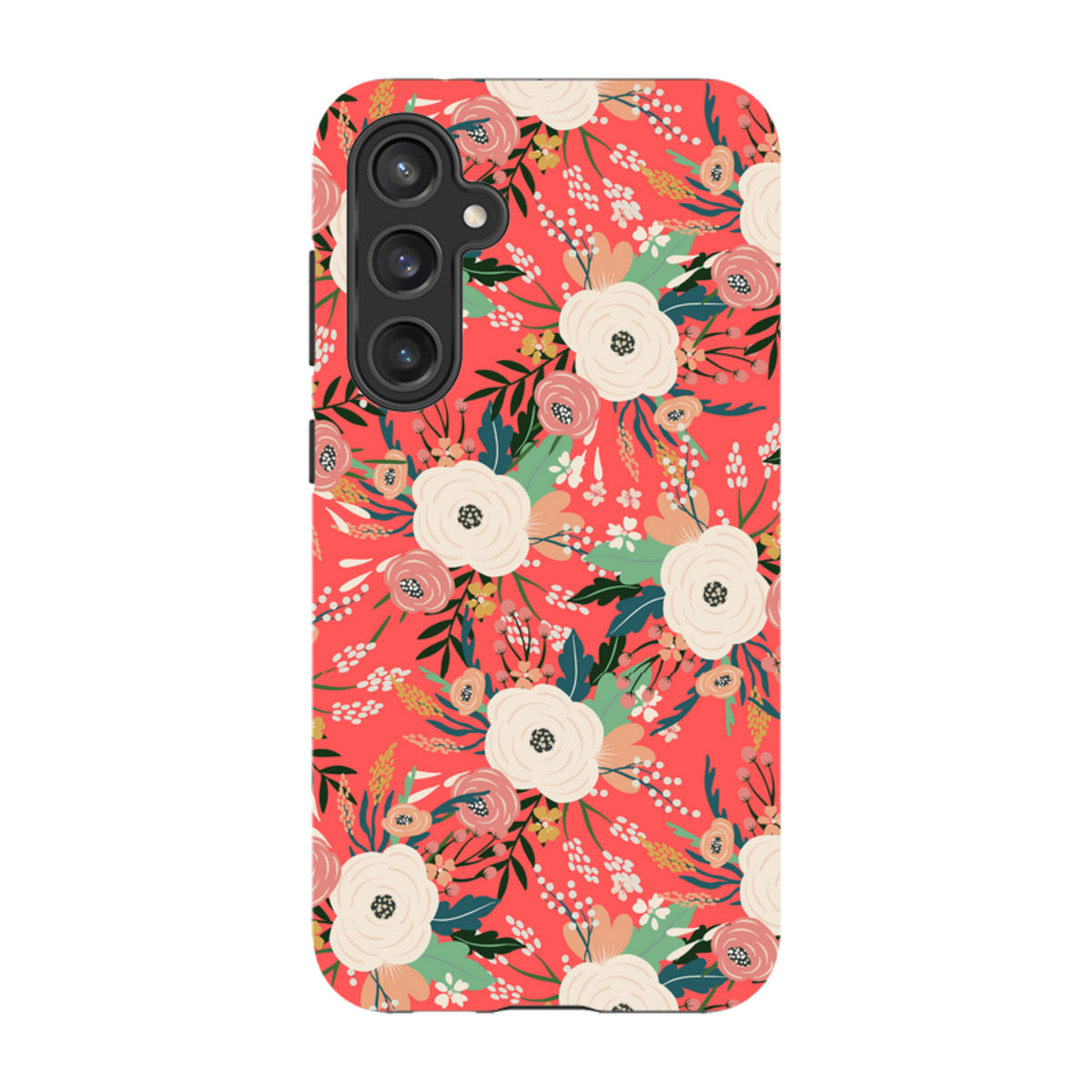 Samsung Galaxy tough case featuring a vibrant coral background with a white and pink floral botanical pattern.