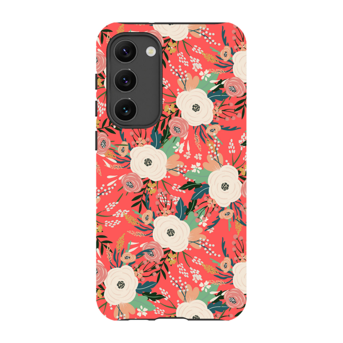 Samsung Tough Case in Watermouth floral print with cream flowers and green leaves on a vibrant coral red background.
