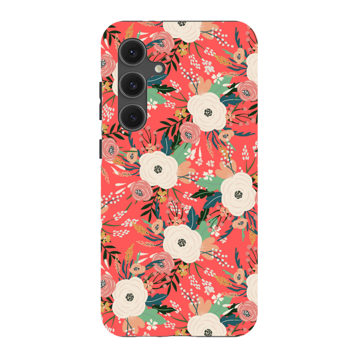 Samsung Tough Case featuring a vibrant red floral Watermouth pattern with white flowers and green foliage on a dual-layer shell.