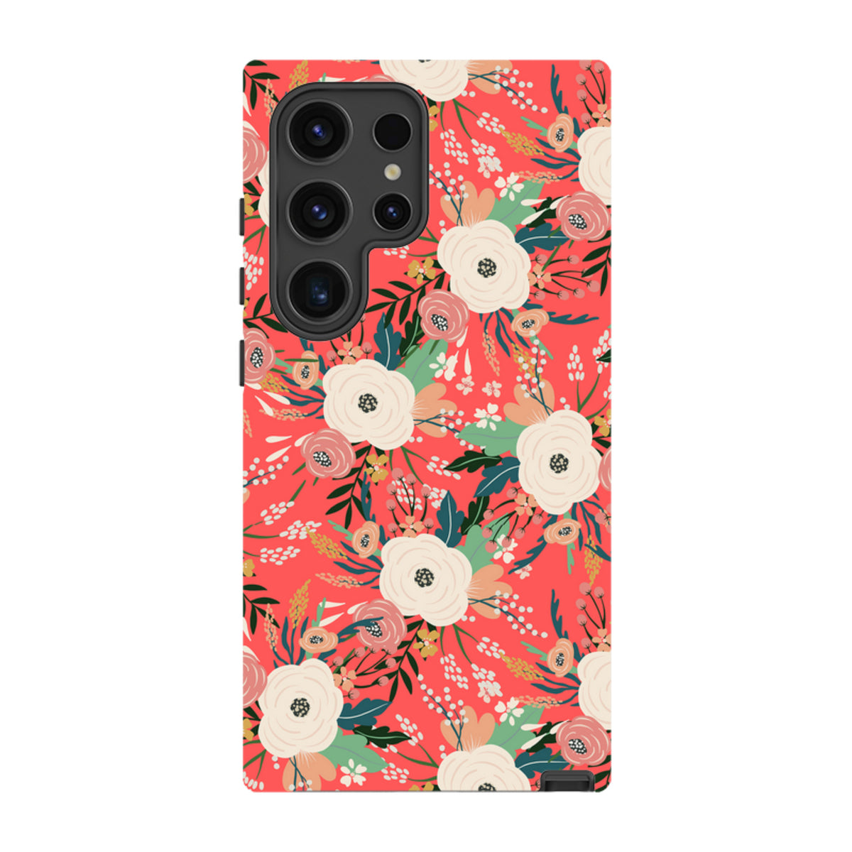 Samsung Galaxy tough case featuring a vibrant coral background with white and pink floral illustrations and green foliage.