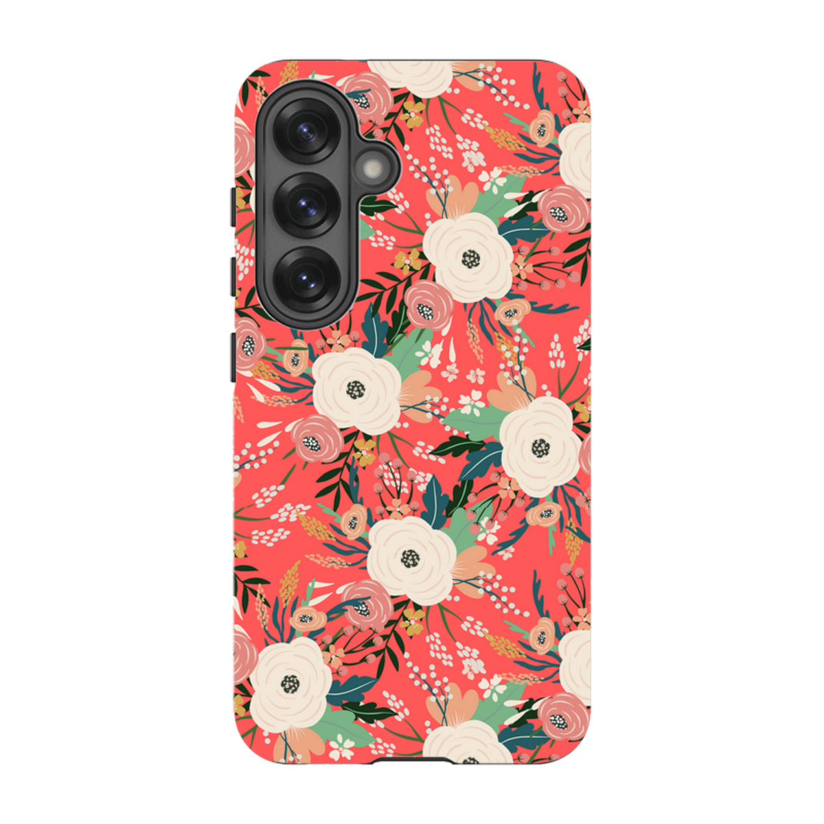 Samsung Tough Case with a vibrant coral floral pattern, dual-layer protection, and precise camera cutouts.