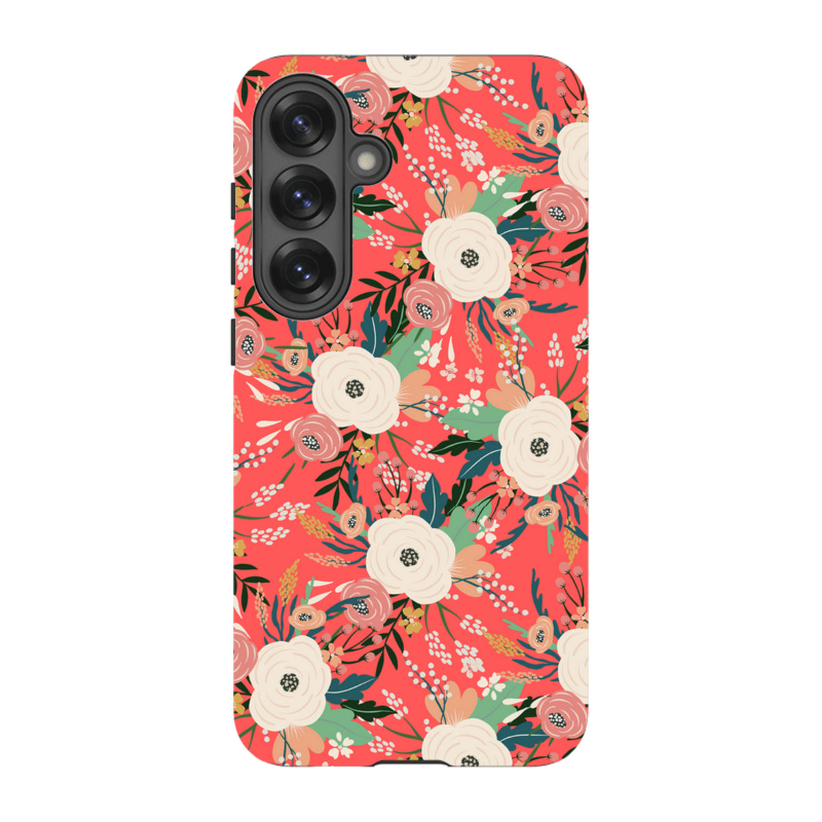 Samsung Tough Case featuring a vibrant coral background with a white and pink floral pattern and a triple-lens camera cutout.