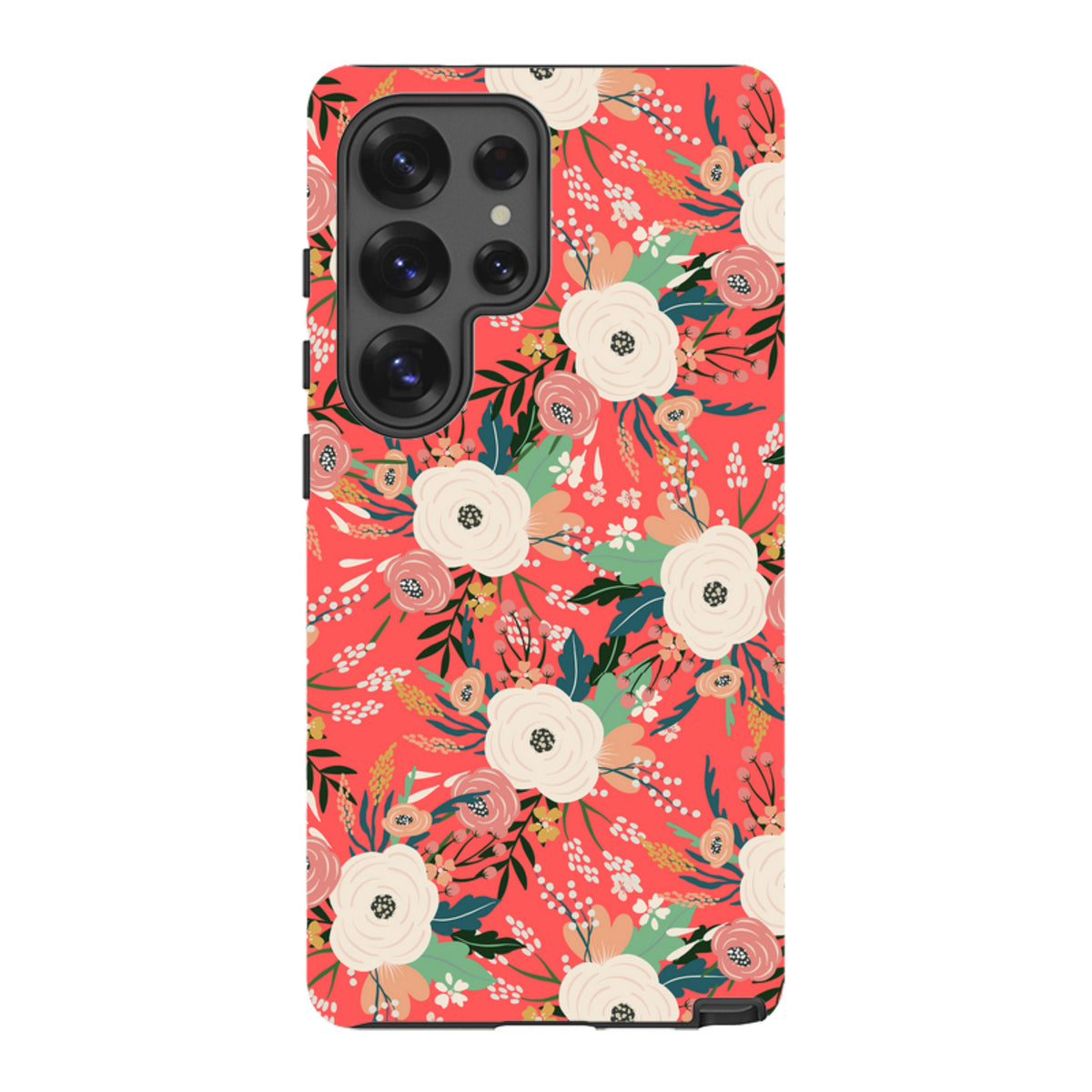Samsung Tough Case with a vibrant coral background featuring a detailed white and pink floral pattern.