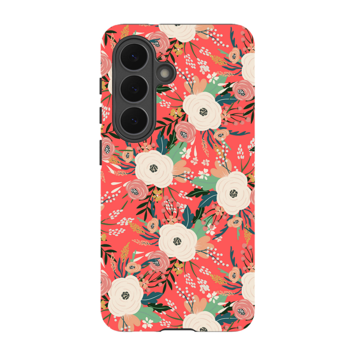 Samsung Tough Case with a vibrant coral floral pattern, featuring white and pink flowers on a durable dual-layer shell.