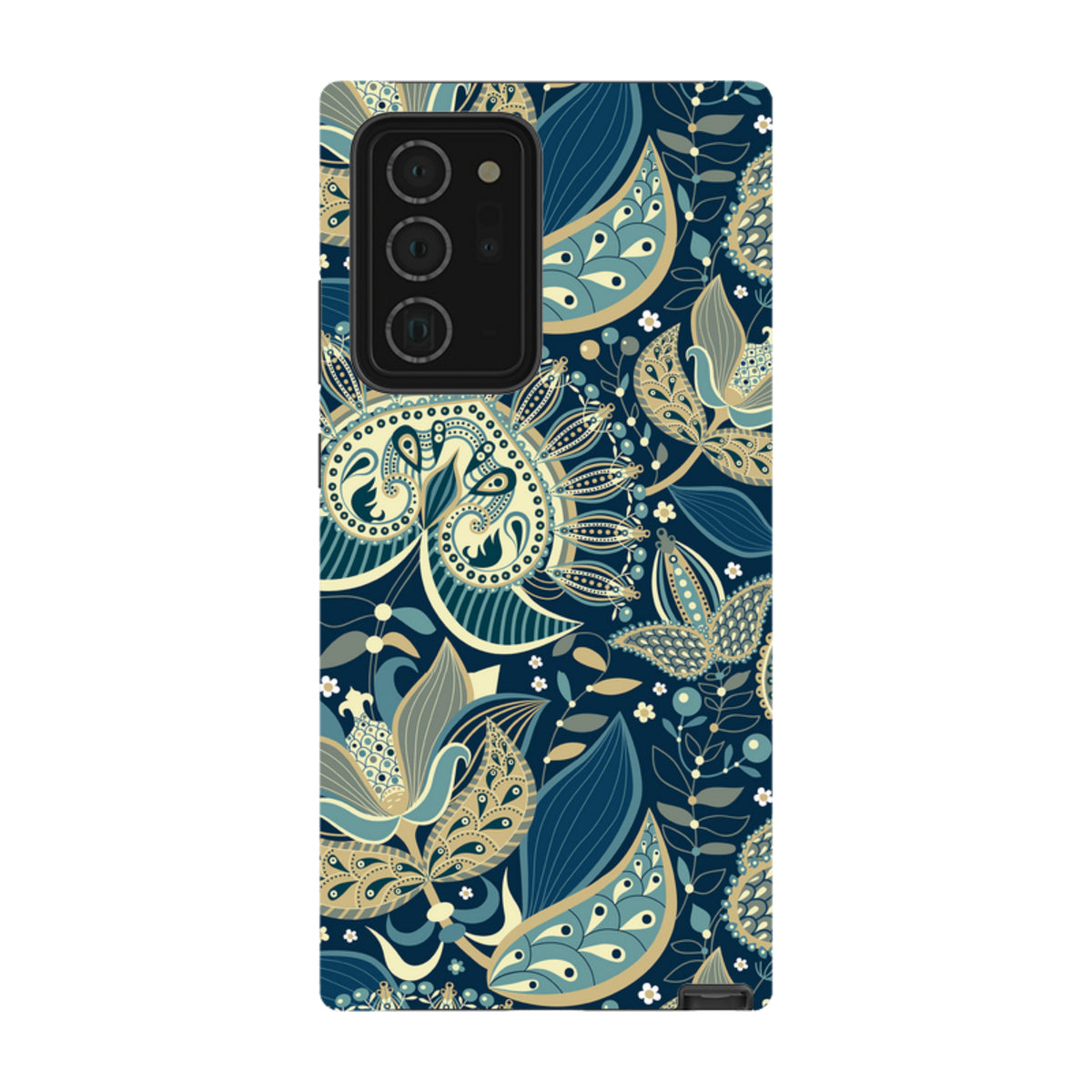 Samsung Tough Case in Wedmore design featuring a dark blue floral paisley pattern with teal and cream accents.
