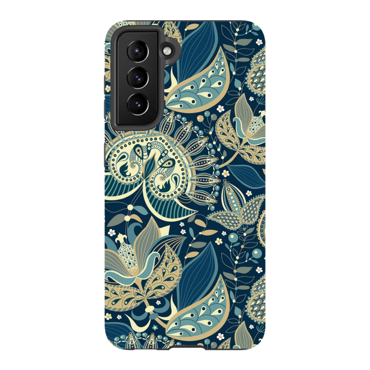 Samsung Tough Case in Wedmore design featuring a navy blue floral paisley pattern with beige and teal accents.