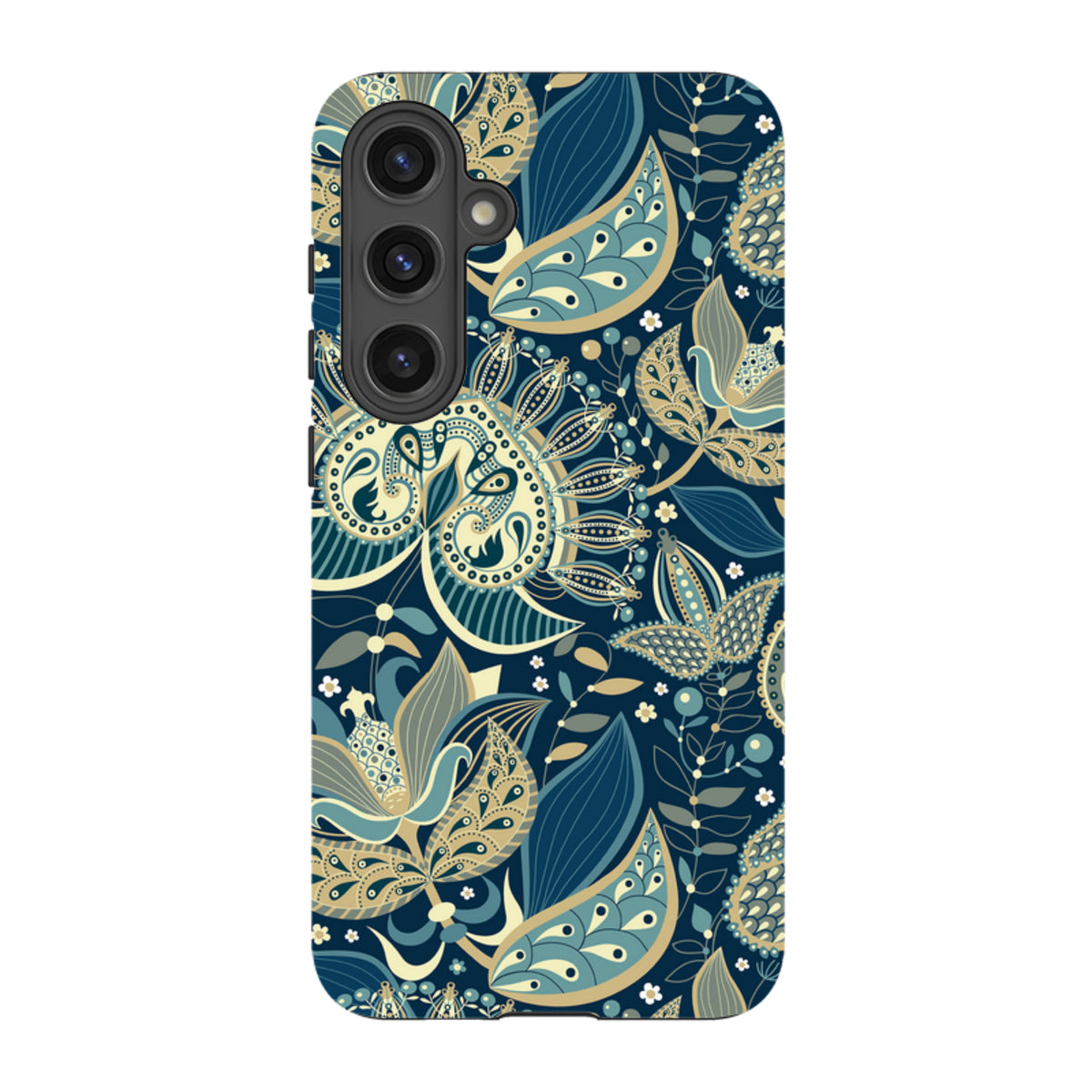 Samsung Tough Case in Wedmore design featuring a dark blue floral paisley pattern with cream and teal accents.