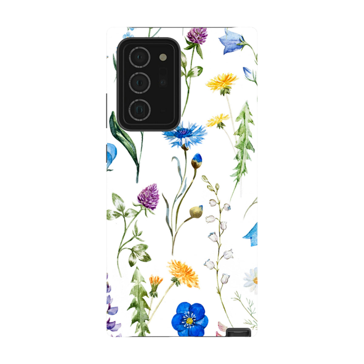 Samsung Tough Case featuring a white background with a vibrant watercolor wildflower pattern and dual-layer protection.