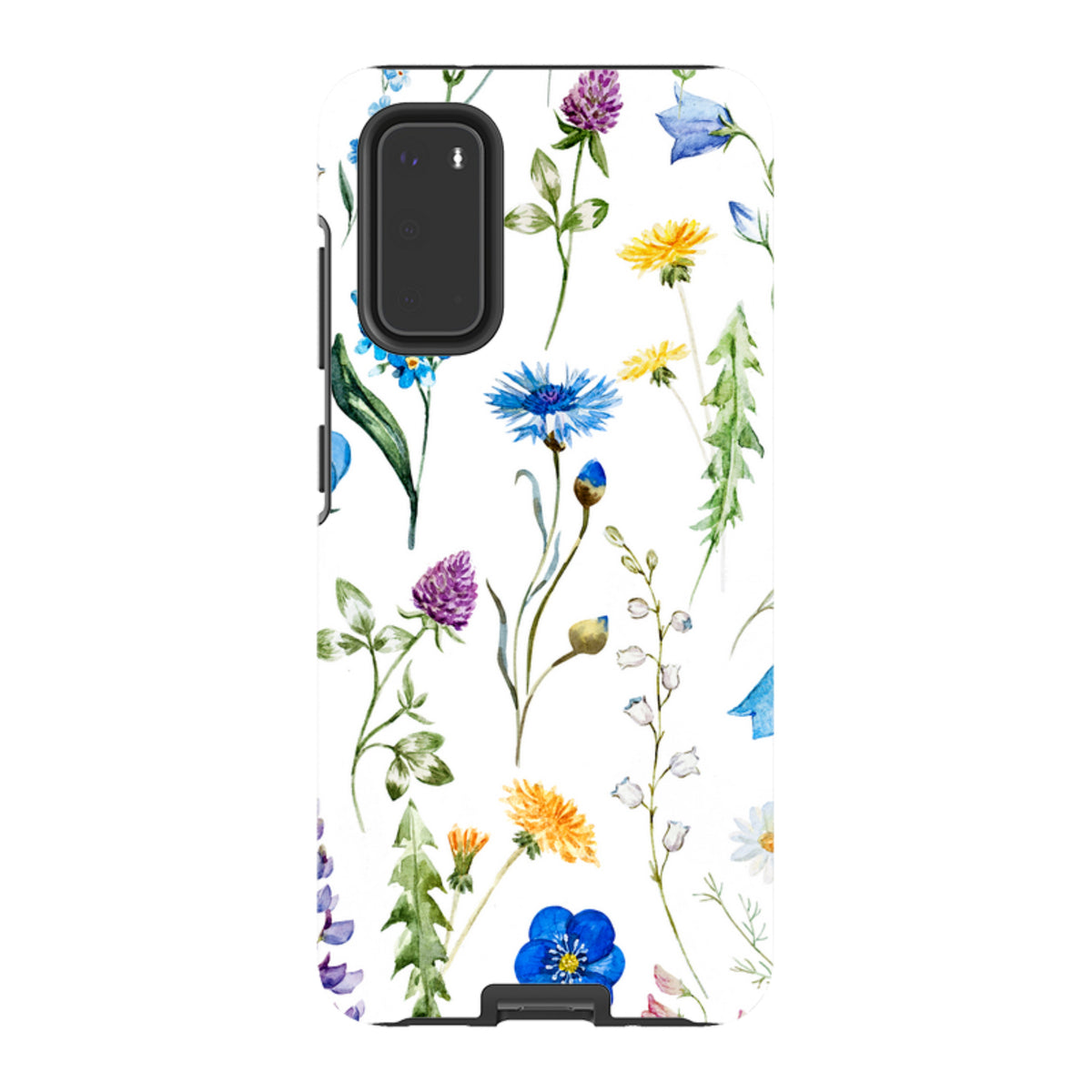 Samsung Tough Case featuring a vibrant watercolor wildflower pattern on a white background with a black protective liner.