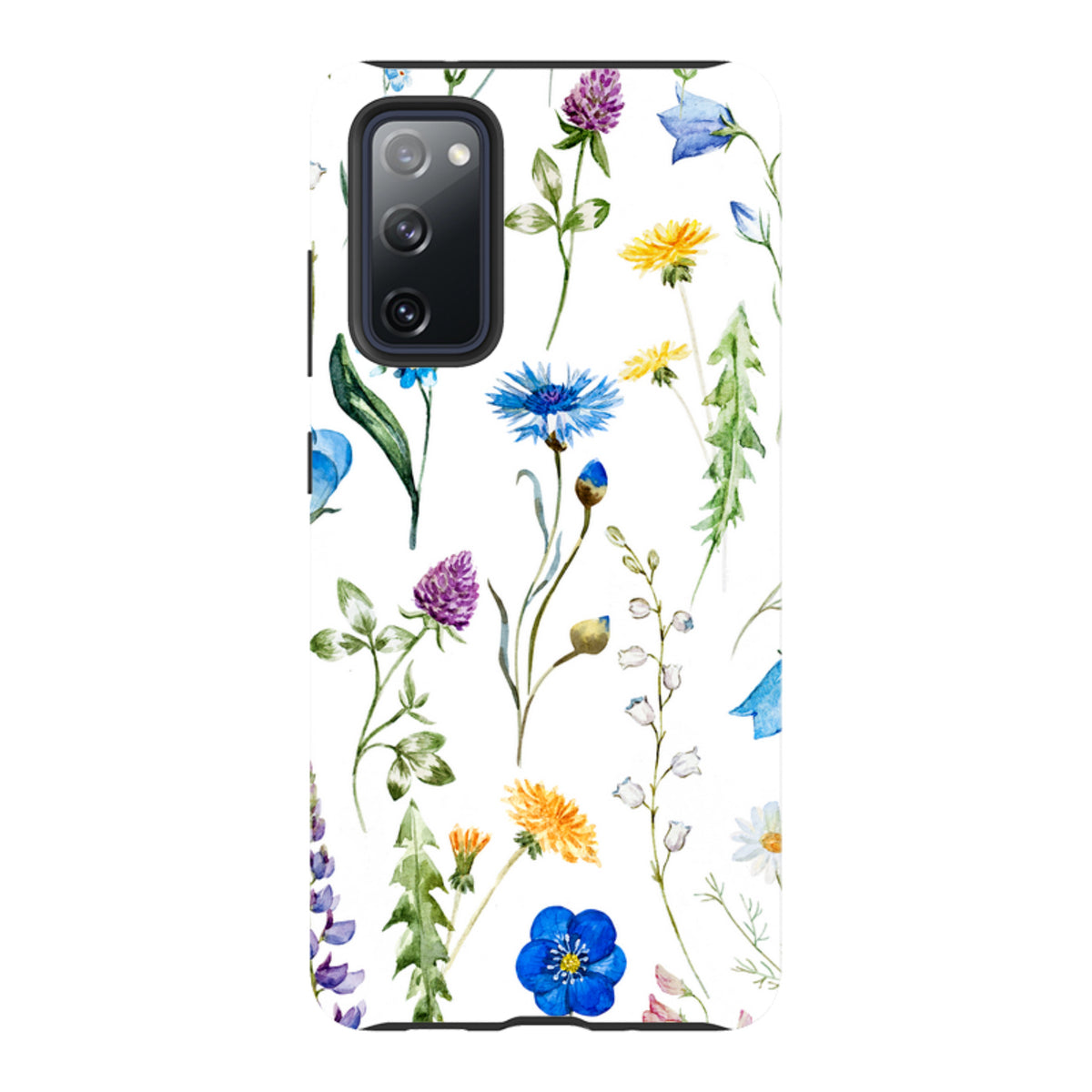 Samsung Tough Case featuring a vibrant watercolor wildflower pattern on a white background with a black camera cutout.