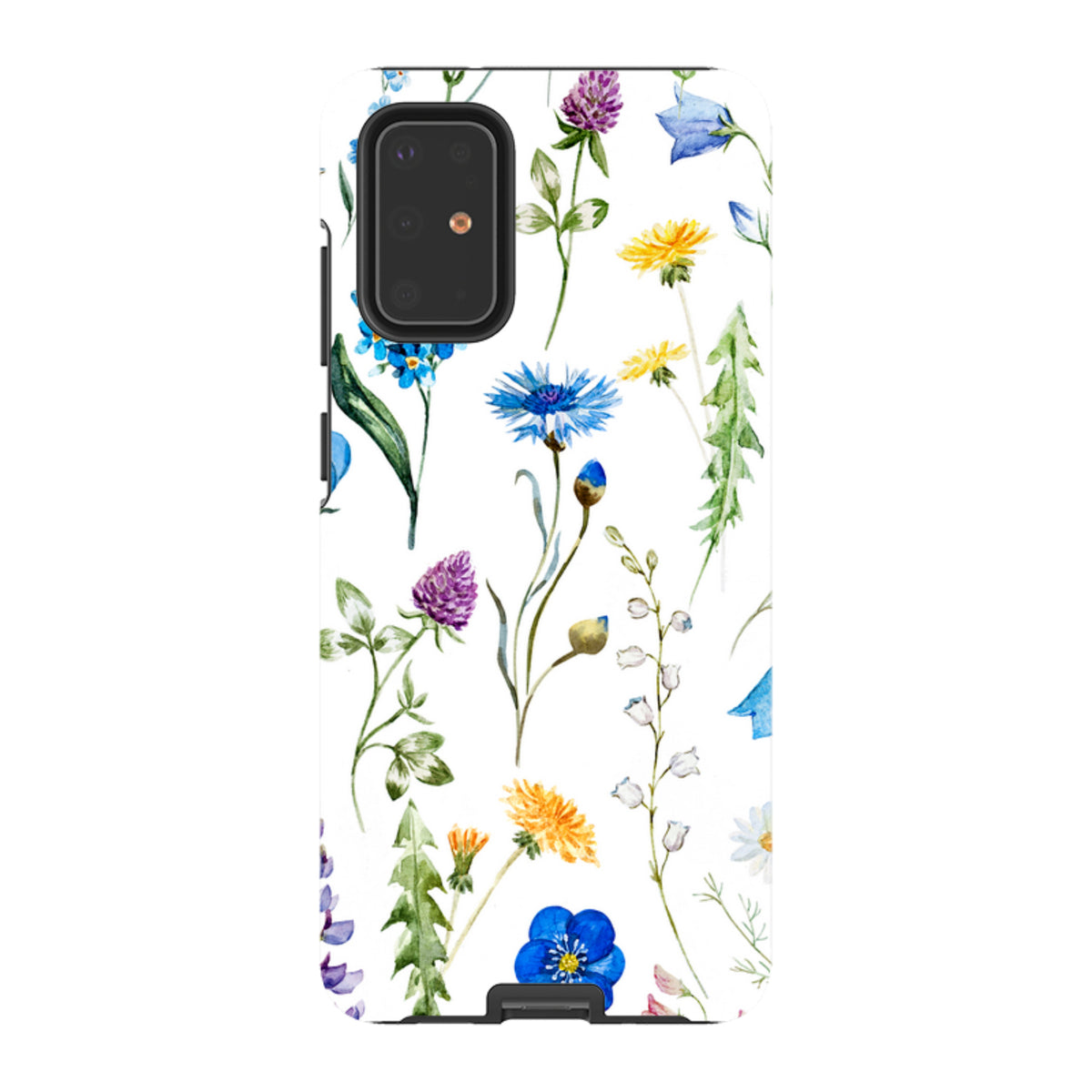 Samsung Tough Case featuring a white background with colorful watercolor wildflowers and a dual-layer protective design.
