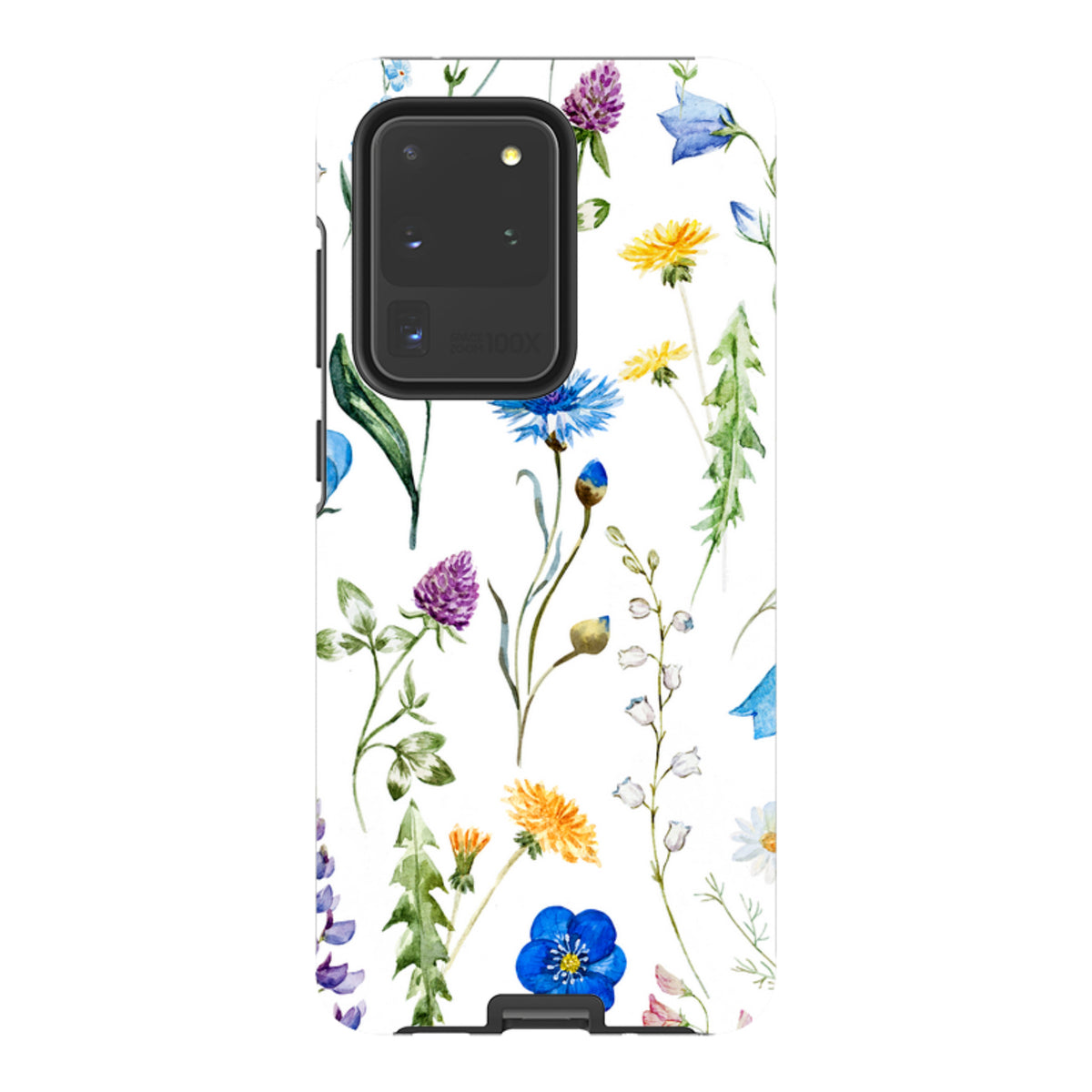 Samsung Tough Case with a white background featuring colorful watercolor wildflowers and a durable dual-layer design.