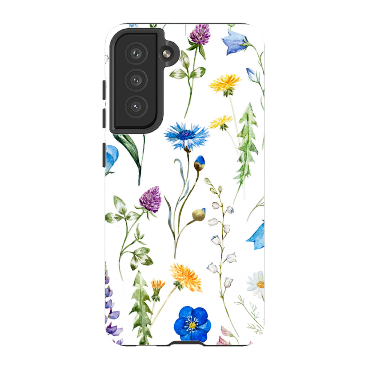 Samsung Tough Case featuring a white background with colorful watercolor wildflowers and a durable dual-layer design.