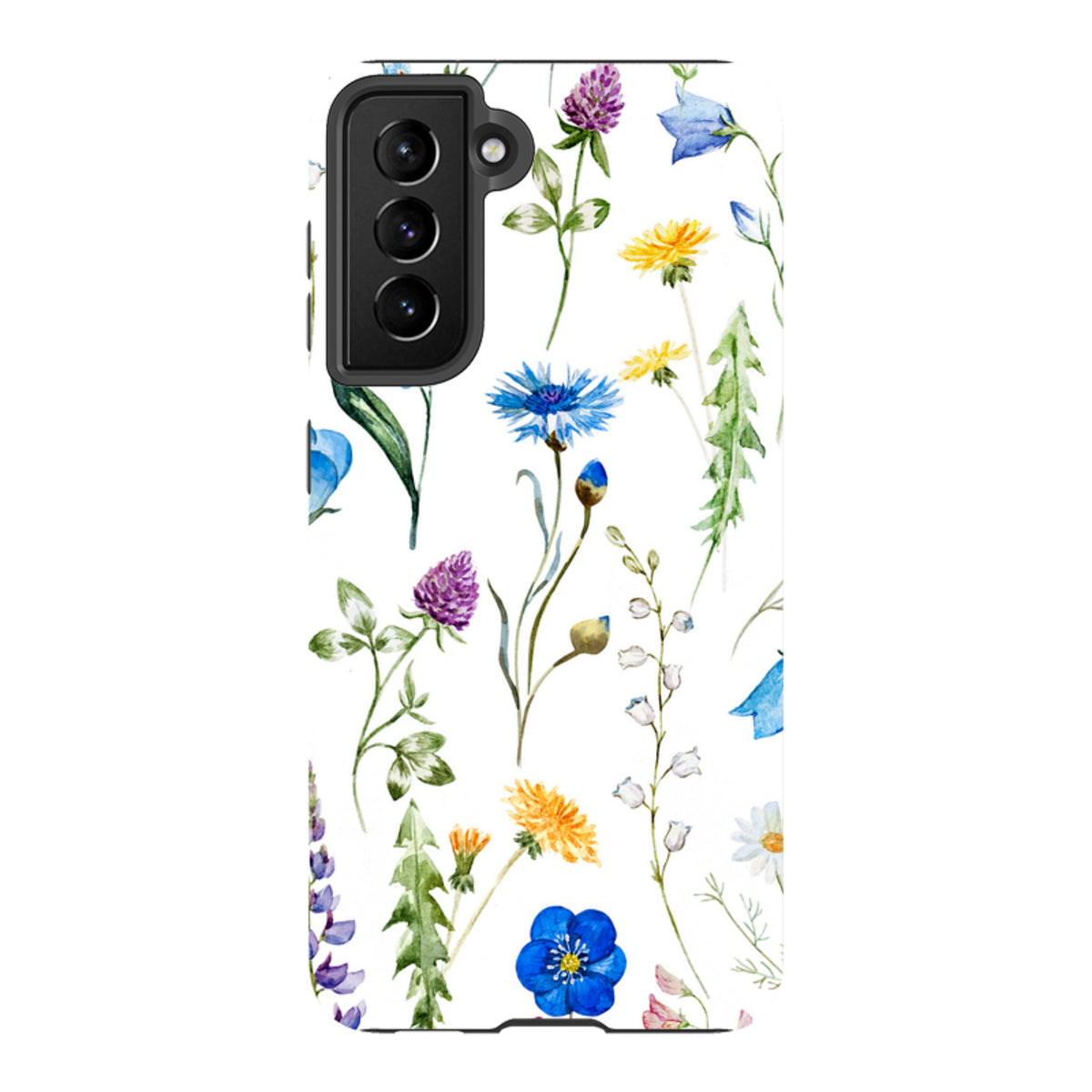 Samsung Tough Case with a white background featuring a colorful watercolor wildflower print and a black camera cutout.