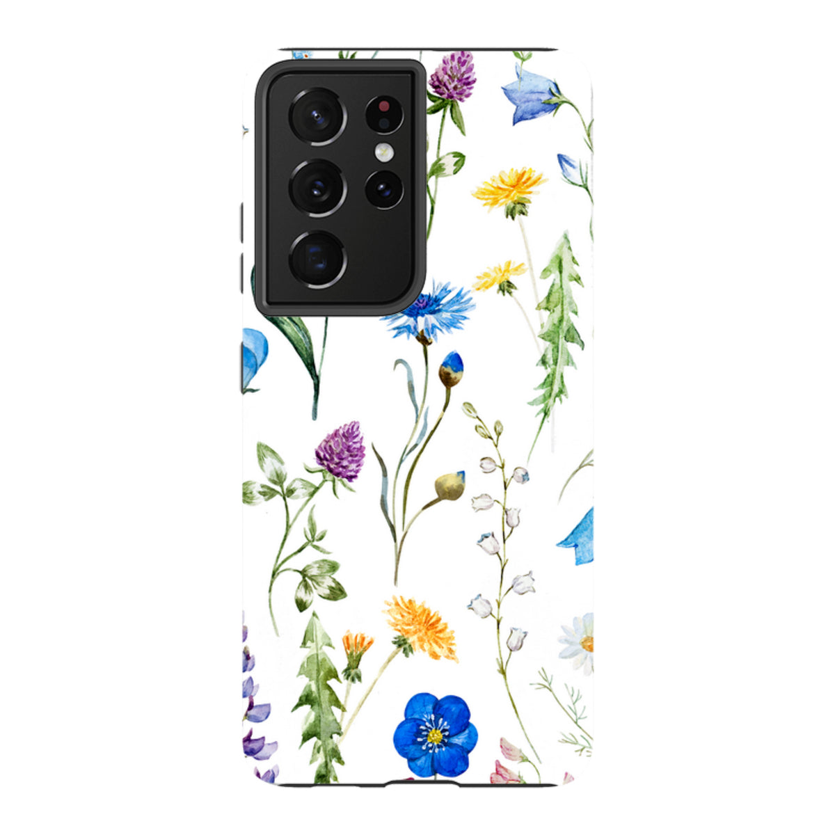 Samsung Tough Case featuring a vibrant watercolor wildflower print on a white background with a black camera cutout.