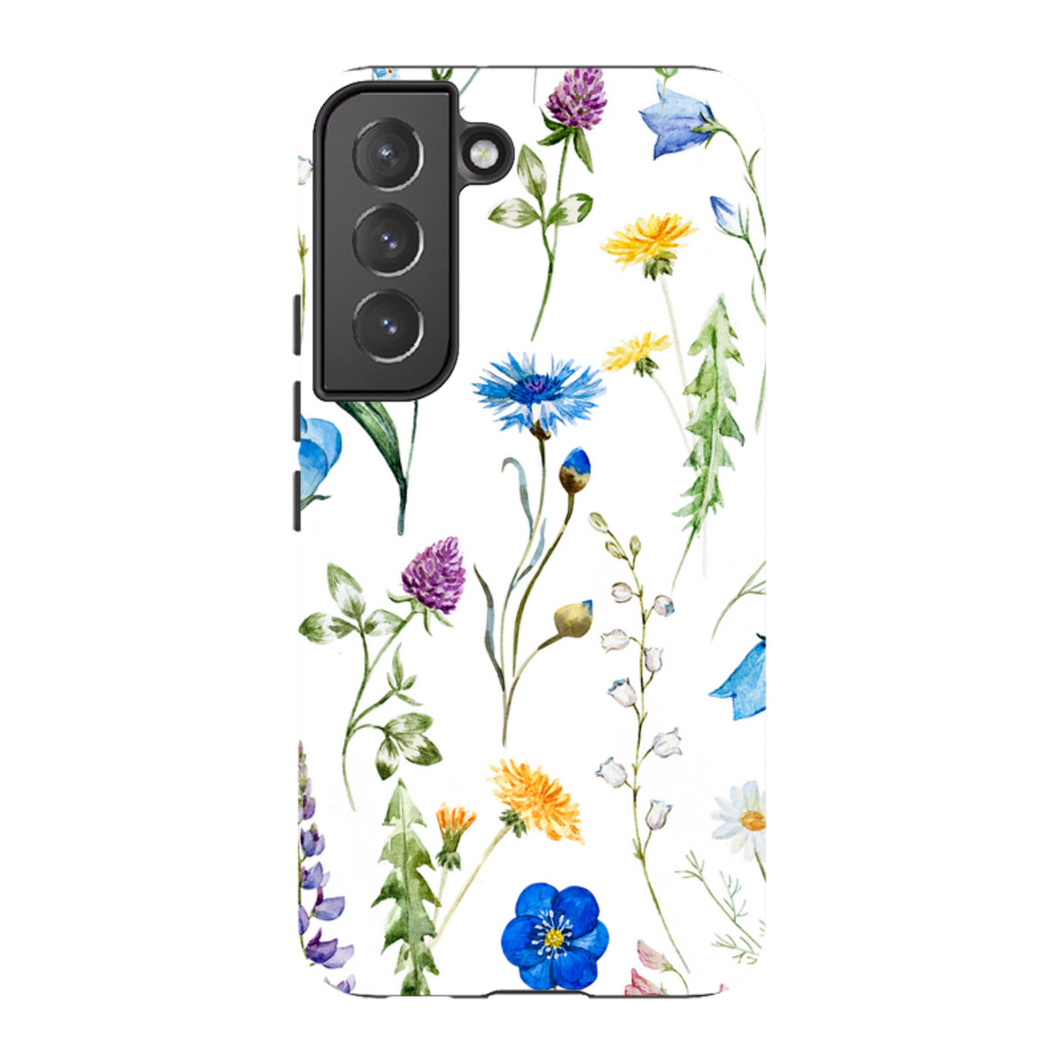 Samsung Tough Case featuring a vibrant watercolor wildflower print on a white background with a protective black camera bezel.