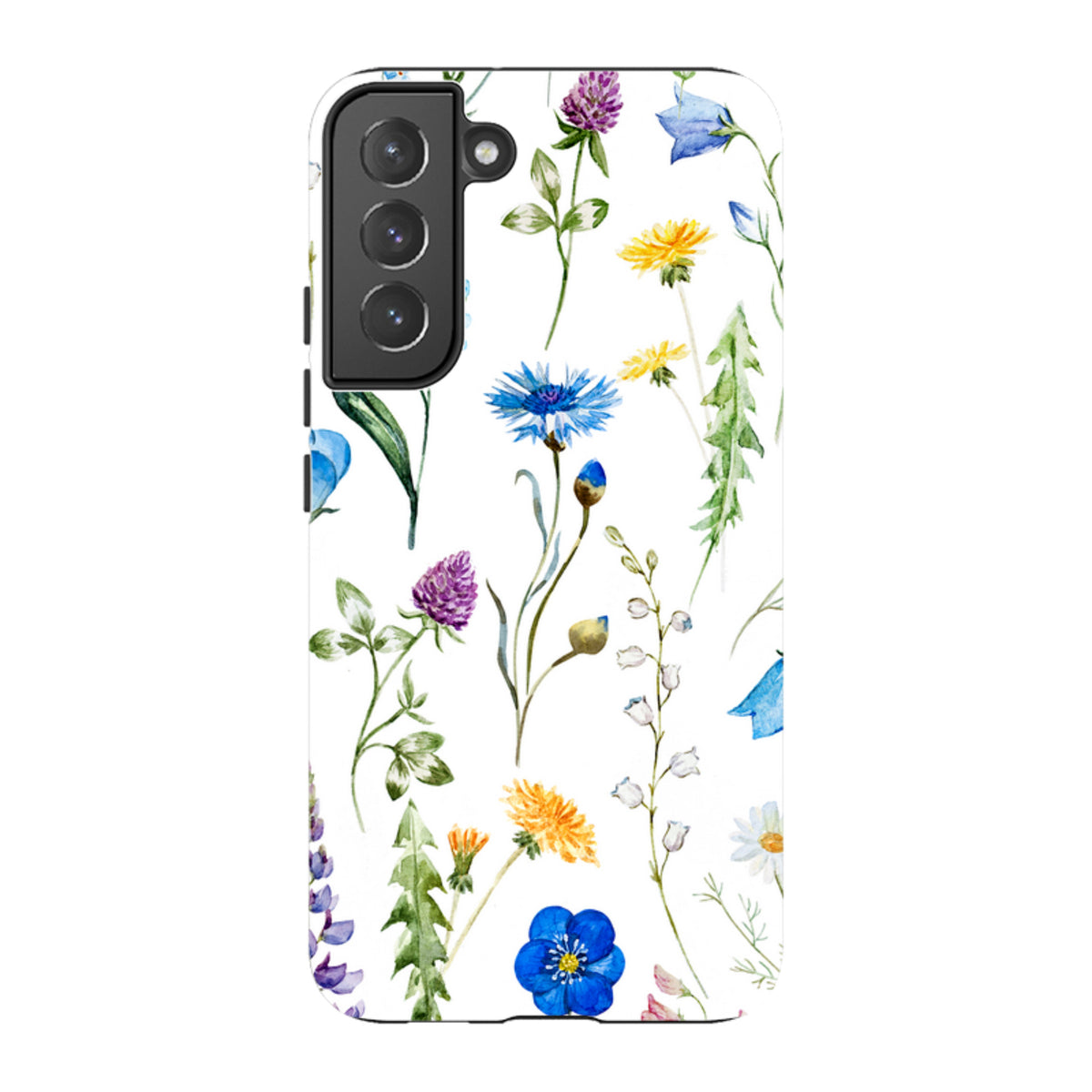 Samsung Tough Case featuring a vibrant watercolor wildflower print on a white background with a triple-lens camera cutout.